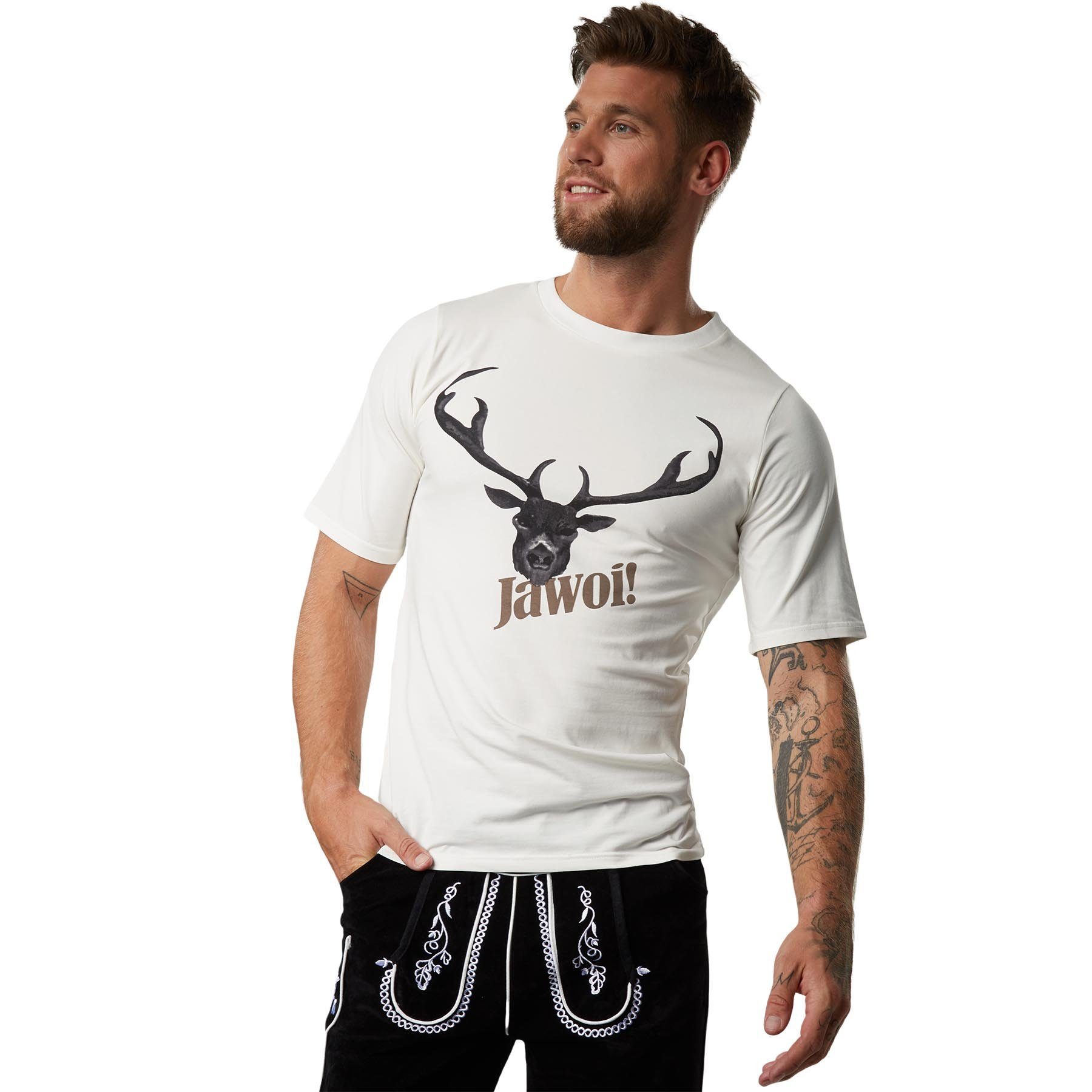 dressforfun T-Shirt Kurzarmtop, Gerade Passform und komfortabler Rundhalsausschnitt (Freizeitoberteil, Konfektionsgröße L in weiß) T-Shirt mit originellem Hirsch-Aufdruck, Leicht und angenehm zu tragen