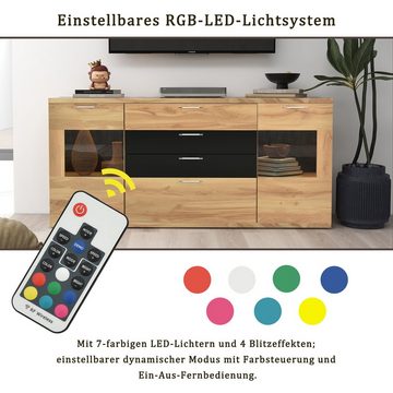 Merax Sideboard, LED, Highboard Glastür, Kommode, Holz TV-Schrank, B:165cm