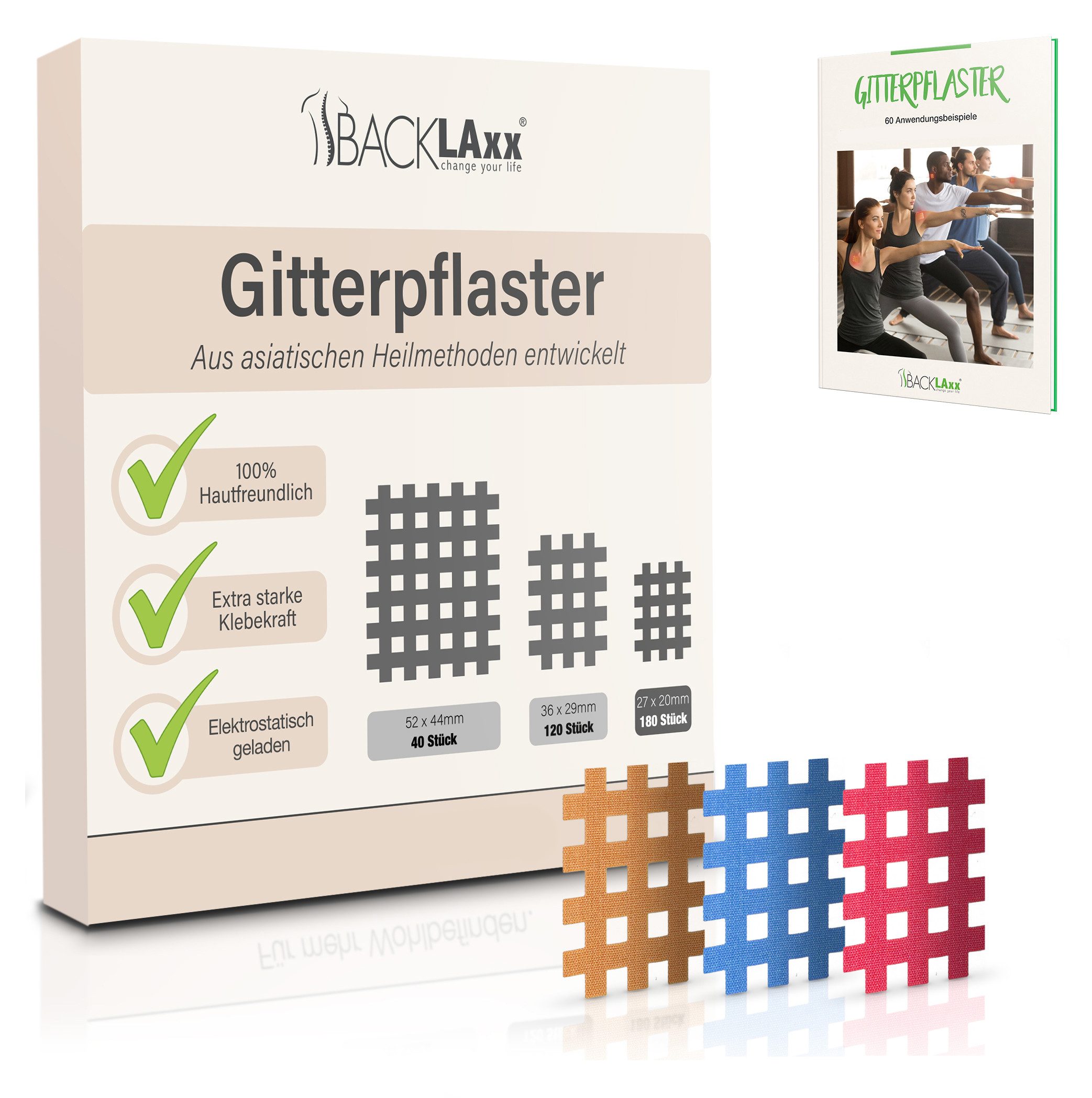 BACKLAxx® Kinesiologie-Tape Gitterpflaster Cross Tape Gittertape Kinesiotape (Typ a, b, c, 180-St) hautfreundlich, starke Haftung - für Alltag & Sport