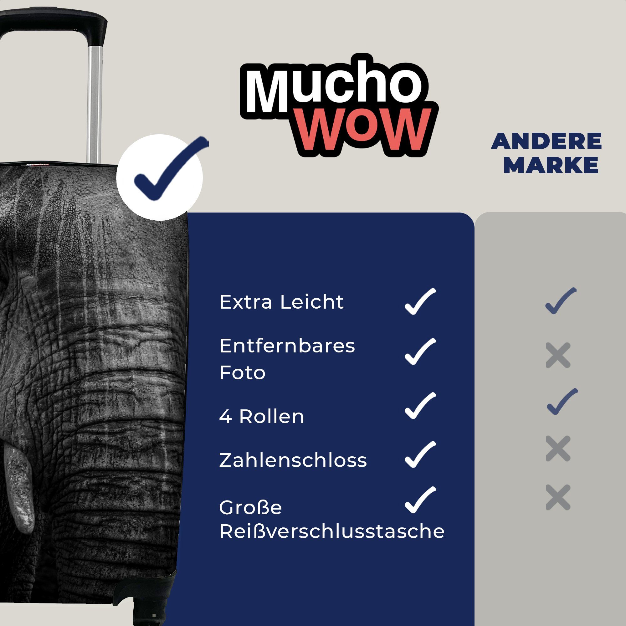 Rollen, Elefant rollen, mit Trolley, Porträt, Tier für Reisetasche Handgepäckkoffer Handgepäck Reisekoffer - MuchoWow - 4 Ferien,