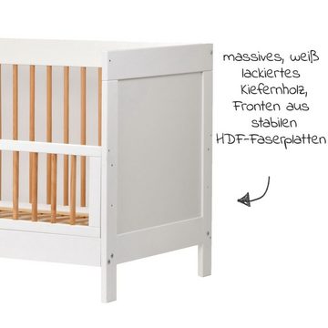 jonka Babybett Erwin - Weiß Gitter Natur, Kinderbett 70 x 140 cm - verstellbarer Lattenrost & 3 Schlupfsprossen