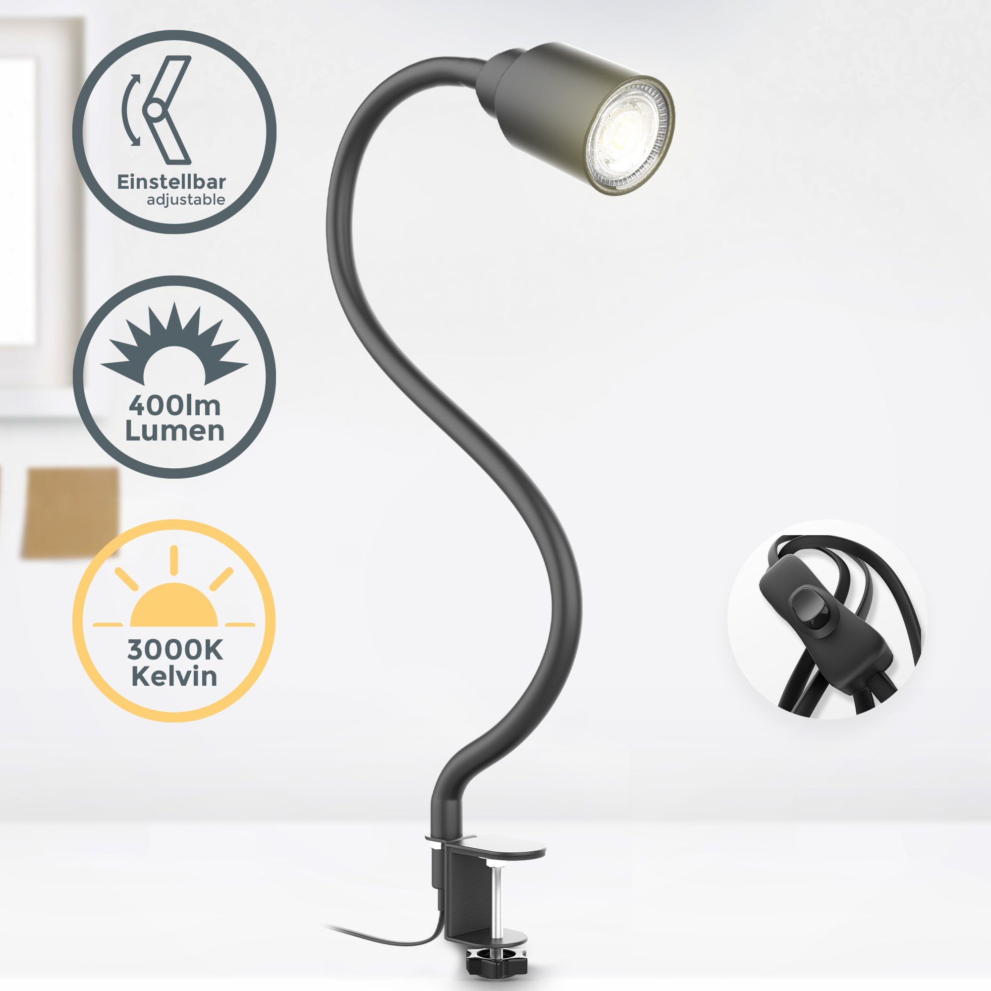 B.K.Licht Klemmleuchte BK_KL1355 LED klemmbar warmweißes 3.000K Leuchtmittel, LED 5W-GU10 Schwarz, Licht, Kippschalter, Schwenkbar, Klemmlampe, wechselbar, Inkl. 3cm Warmweiß