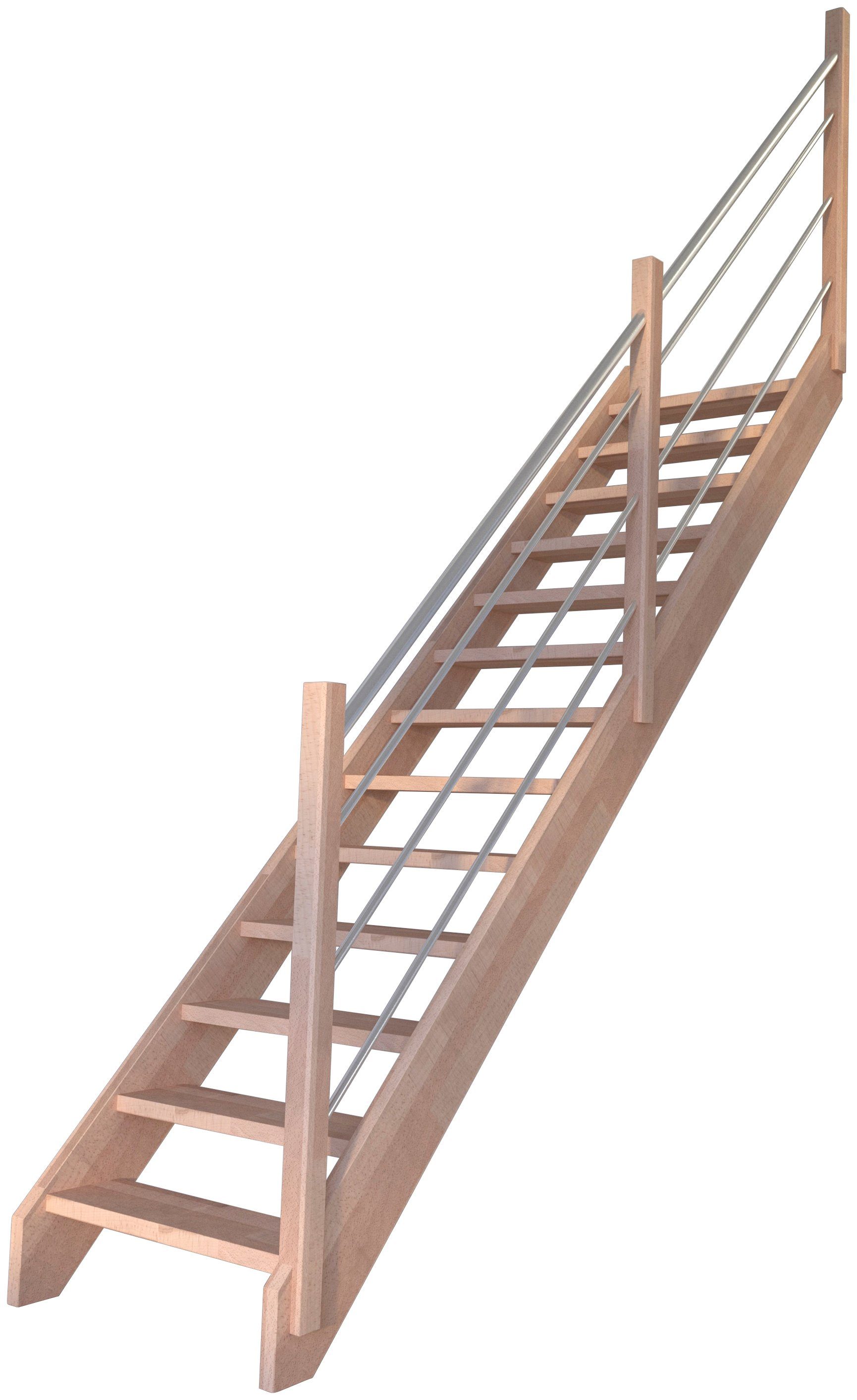 Starwood Systemtreppe Massivholz Mykonos, Holz-Edelstahl Links, für Geschosshöhen bis 280 cm, Stufen offen, Durchgehende Wangenteile