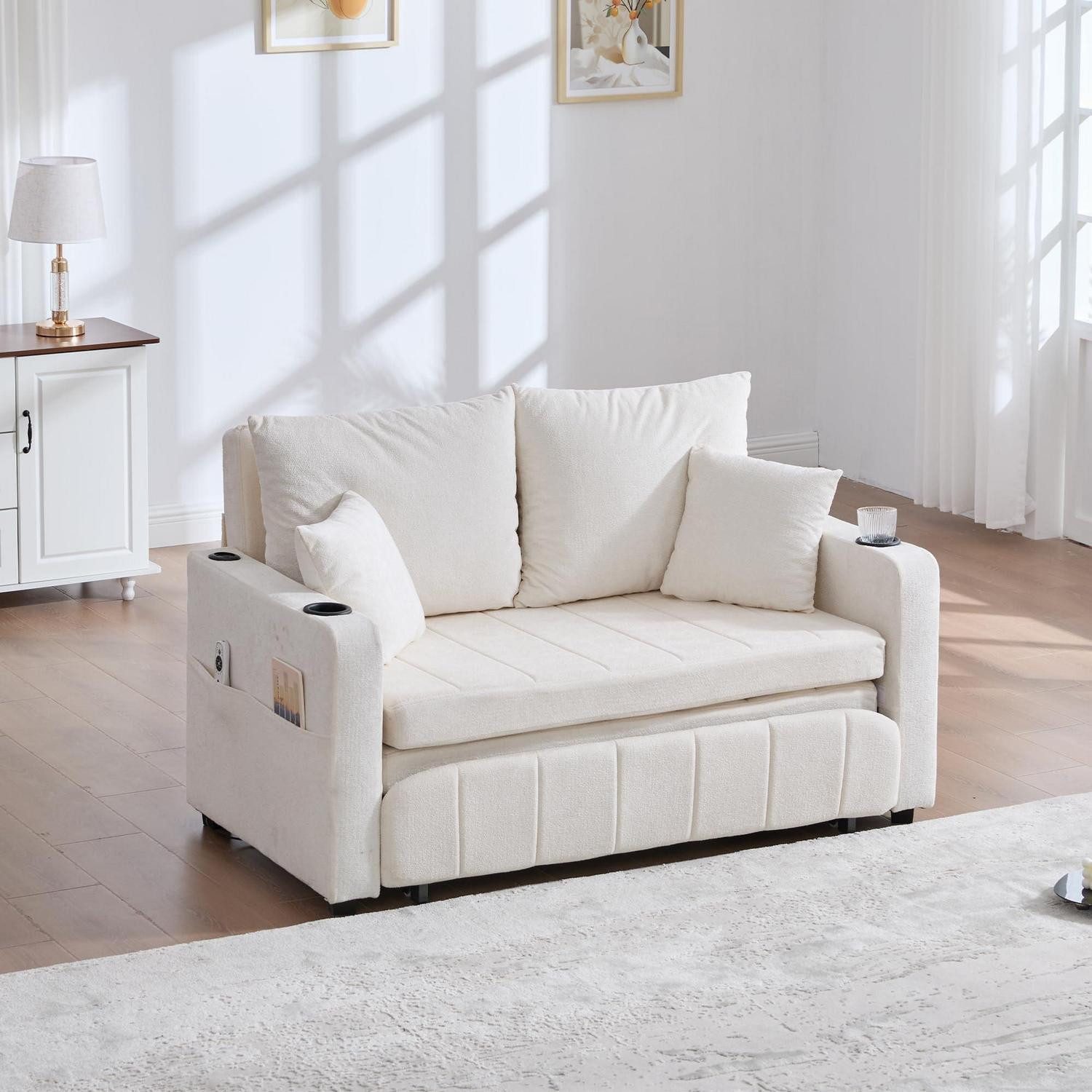 LuxusKollektion Sofa Zweisitzer Schlafsofa ausziehbar Klappsofa Kissen Beige, Schlaf Couch