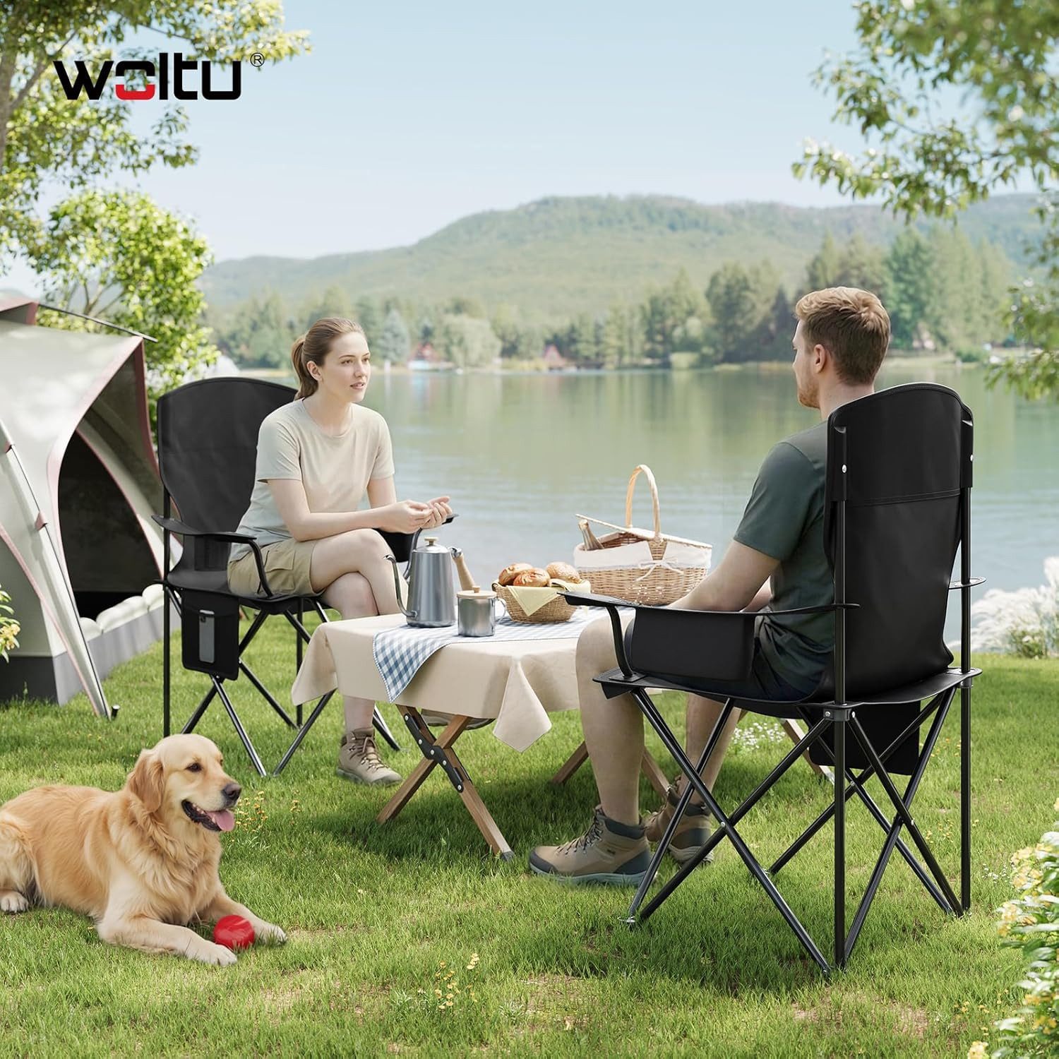 Woltu Campingstuhl (1 St), Klappbar, leicht, mit Hochlehne Kühltasche Getränkehalter Seitentasche