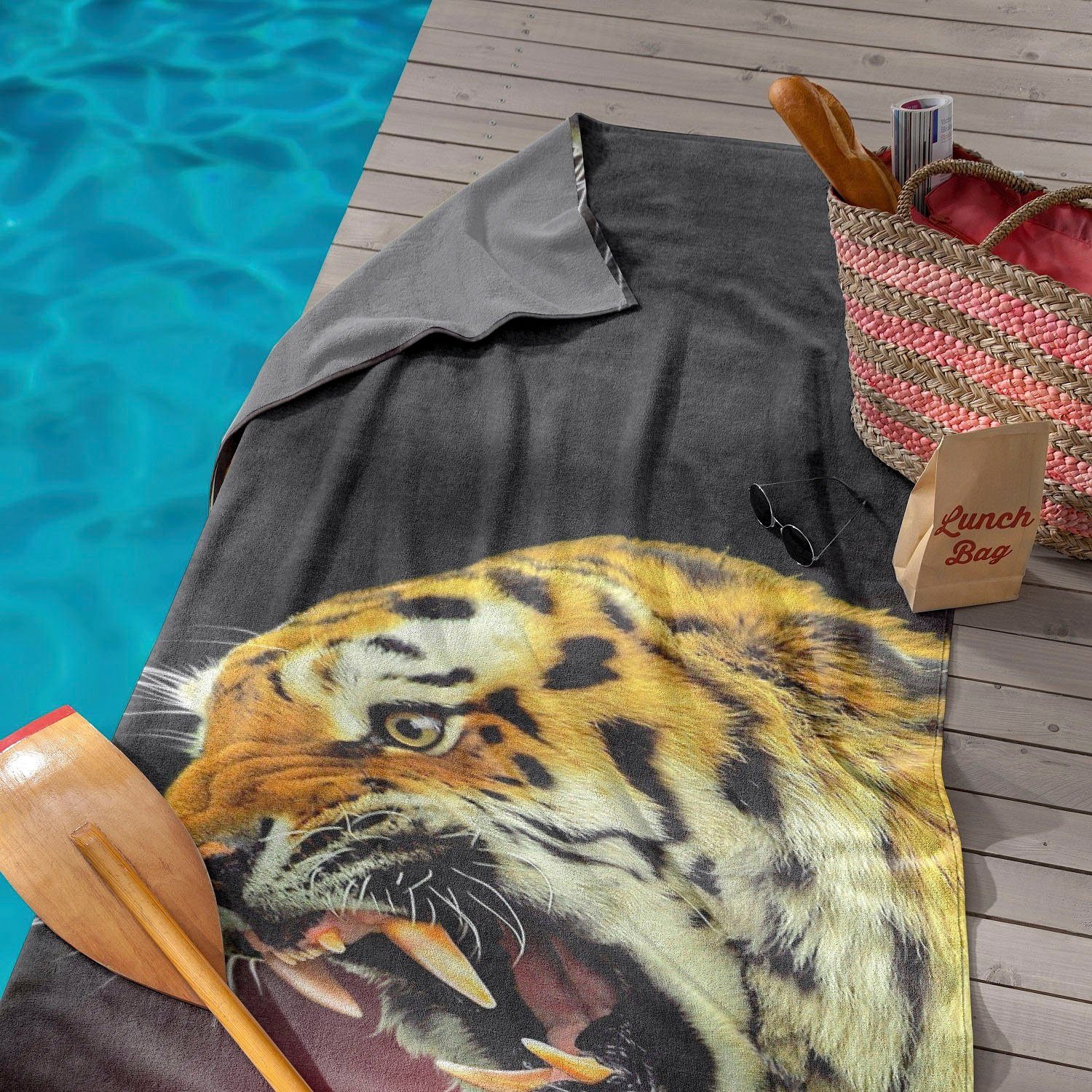 Strandtuch Seahorse Khan, Frotteevelours Tiger mit (1-St), Aufdruck