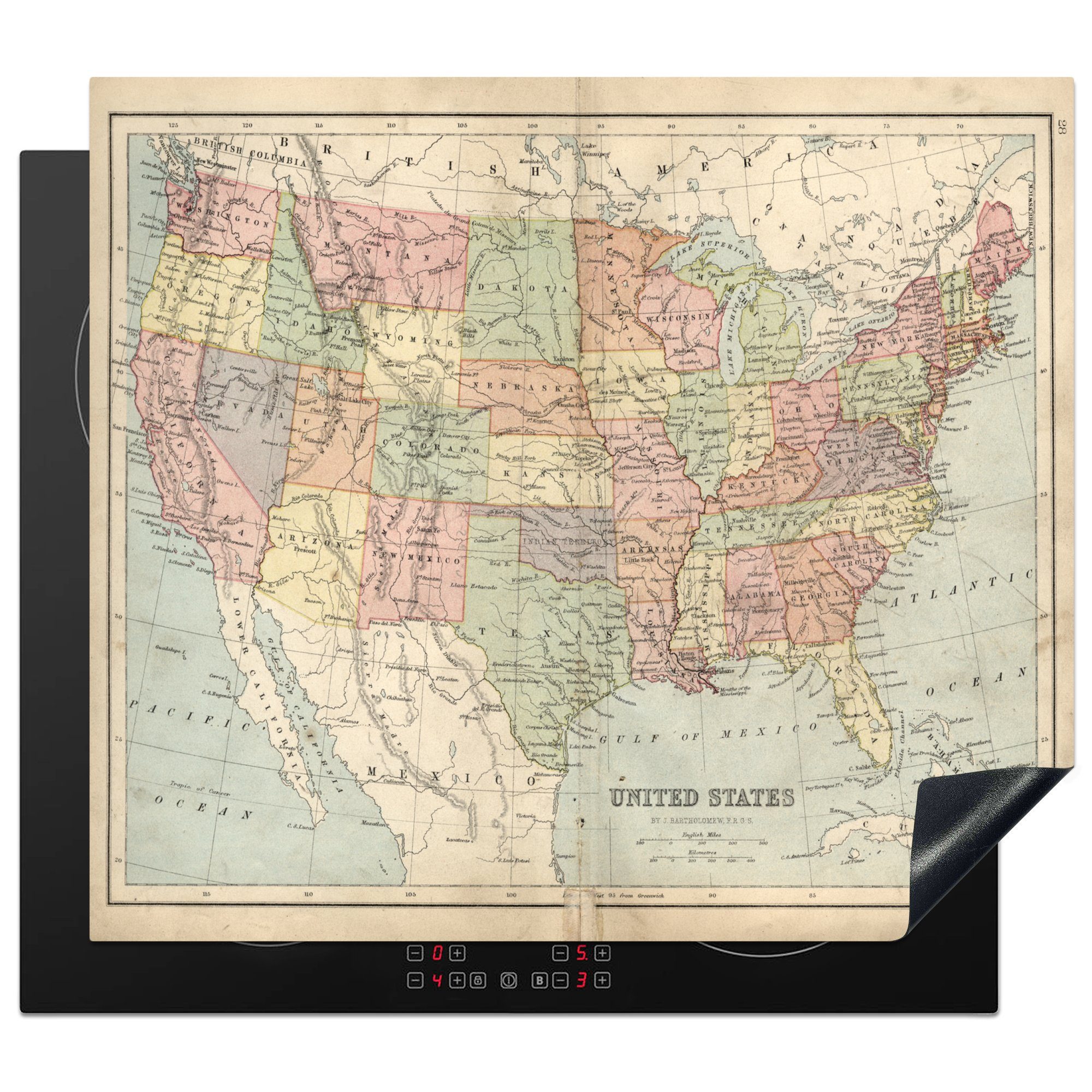 MuchoWow Herdblende-/Abdeckplatte Klassische Karte der Vereinigten Staaten, Vinyl, (1 tlg), 60x52 cm, Mobile Arbeitsfläche nutzbar, Ceranfeldabdeckung