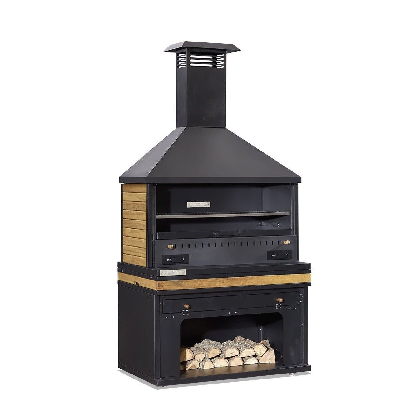 Xlmoebel Outdoor-Küche XLMOEBEL Grillkamin in Schwarz mit Holz- und Edelstahloberfläche, Made in Europa
