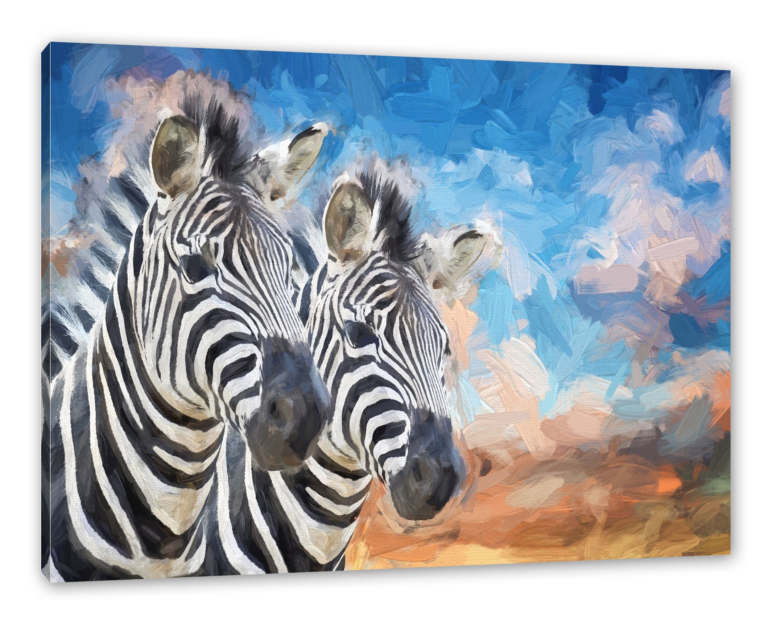 (1 St), fertig Leinwandbild Leinwandbild bespannt, Zebrapaar, inkl. Zebrapaar Zackenaufhänger schönes schönes Pixxprint