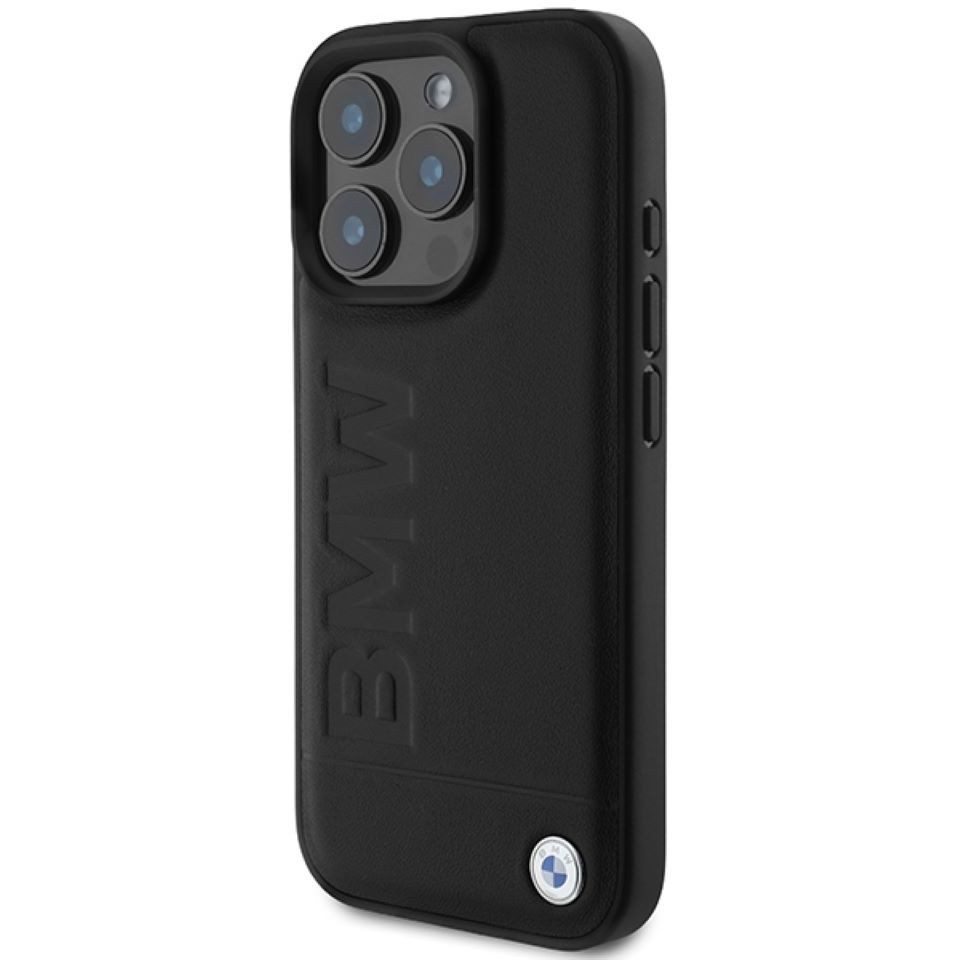 BMW Handyhülle iPhone 16 Pro Echtleder schwarz Logo Metall geprägt 6,3 Zoll, Kantenschutz