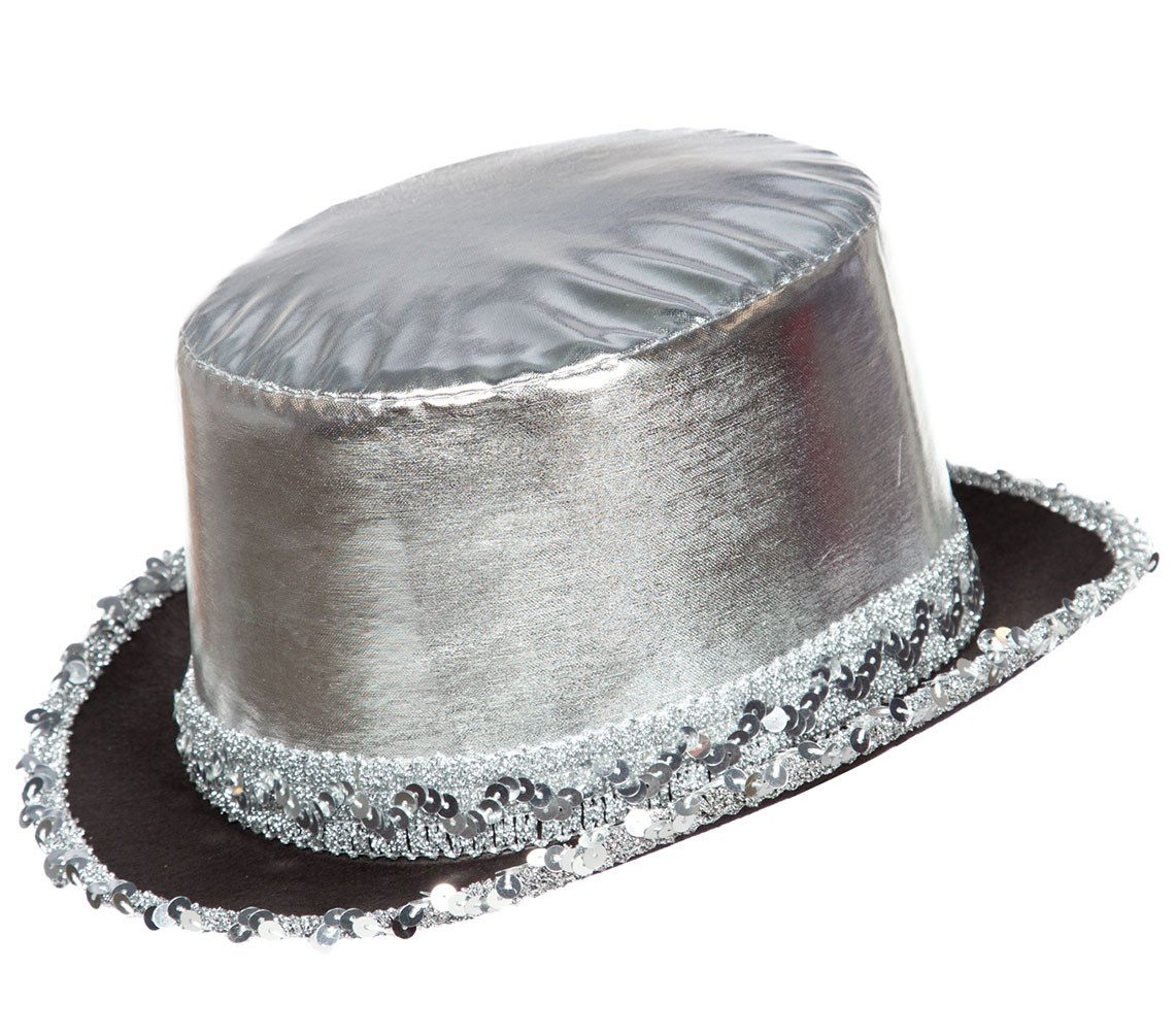Karneval-Klamotten Kostüm Zylinder Hut silber Lamee mit Pailletten Band, Hut Zylinder Erwachsene Damen Herren Party Accessoir Karneval Fasching