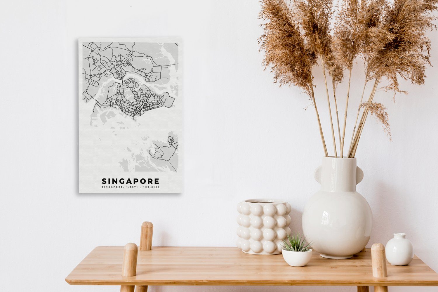 weiß - Karte, Zackenaufhänger, 20x30 - - Schwarz (1 fertig Karte Stadtplan Leinwandbild Gemälde, Singapur inkl. - und cm Leinwandbild OneMillionCanvasses® bespannt St),