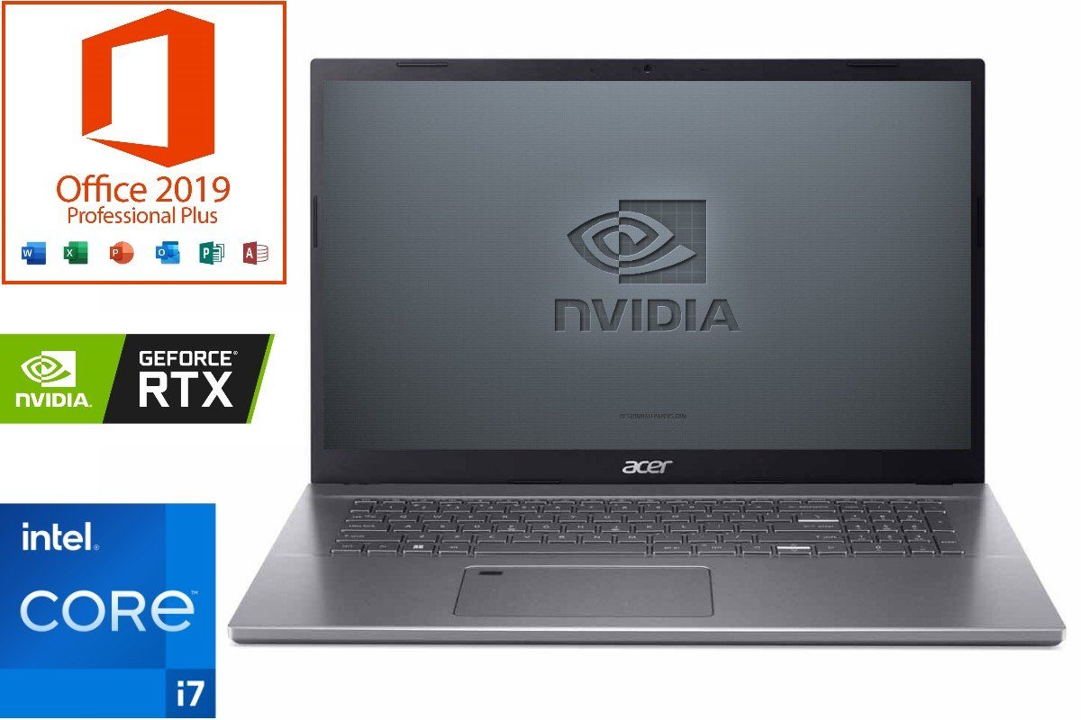 Acer Aspie A517-53, 16GB RAM, Notebook (44,00 cm/17.3 Zoll, Intel Core i7  1260P, RTX 2050, 0 GB HDD, 500 GB SSD, inkl. MS Office 2019 Pro Vollversion)