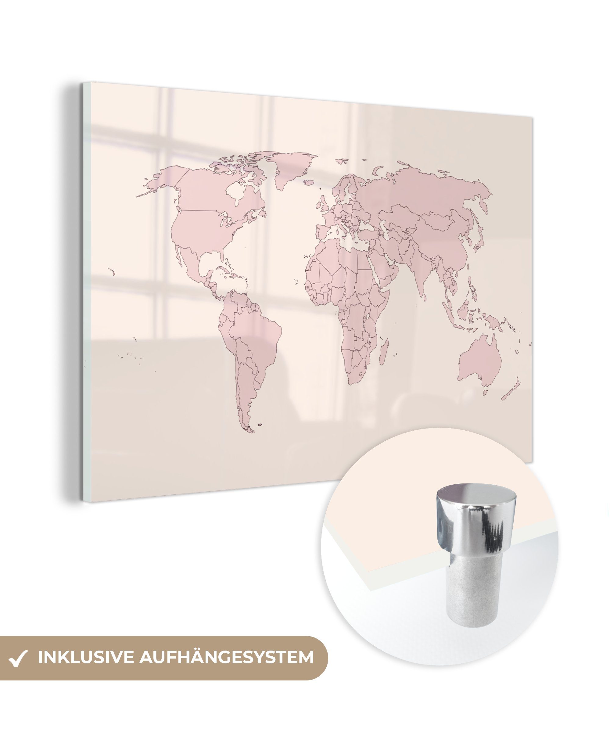 MuchoWow Acrylglasbild Weltkarte - Einfach - Rosa, (1 St), Glasbilder - Bilder auf Glas Wandbild - Foto auf Glas - Wanddekoration