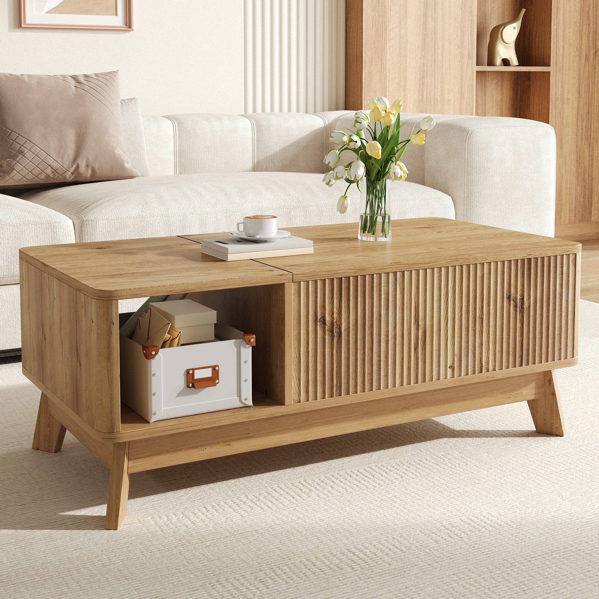 MODFU Couchtisch 95x50x48 cm mit Stauraum, Offenes Seitenfach, praktische Hubfunktion (Packung, 1-St., Wohnzimmertisch mit Lift-Top & Wellendesign, MDF), Stilvoller Couchtisch im modernen Look