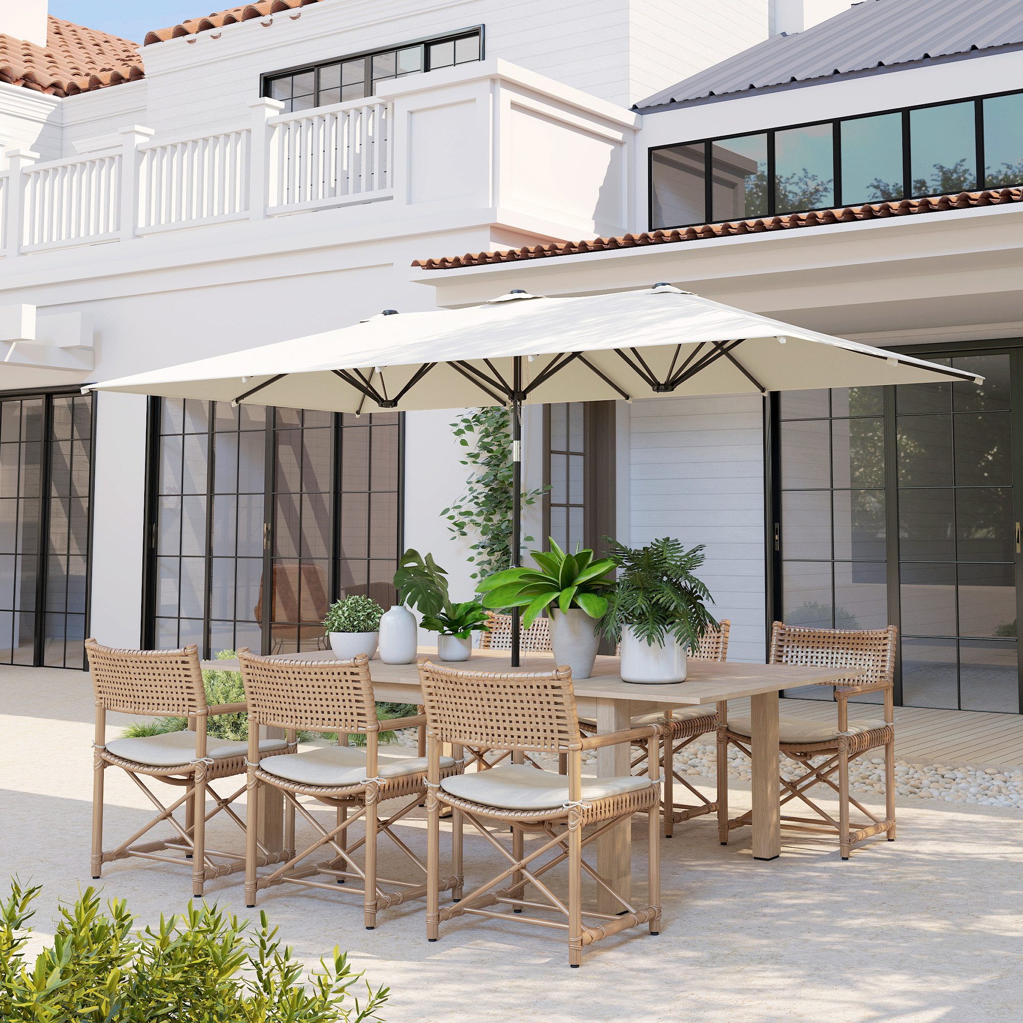 Outsunny Sonnenschirm 150 x 295cm Gartenschirm mit verstellbarem Neigungswinkel, LxB: 150x295 cm, Doppelsonnenschirm, Marktschirm, für Terrasse, Polyester, Cremeweiß