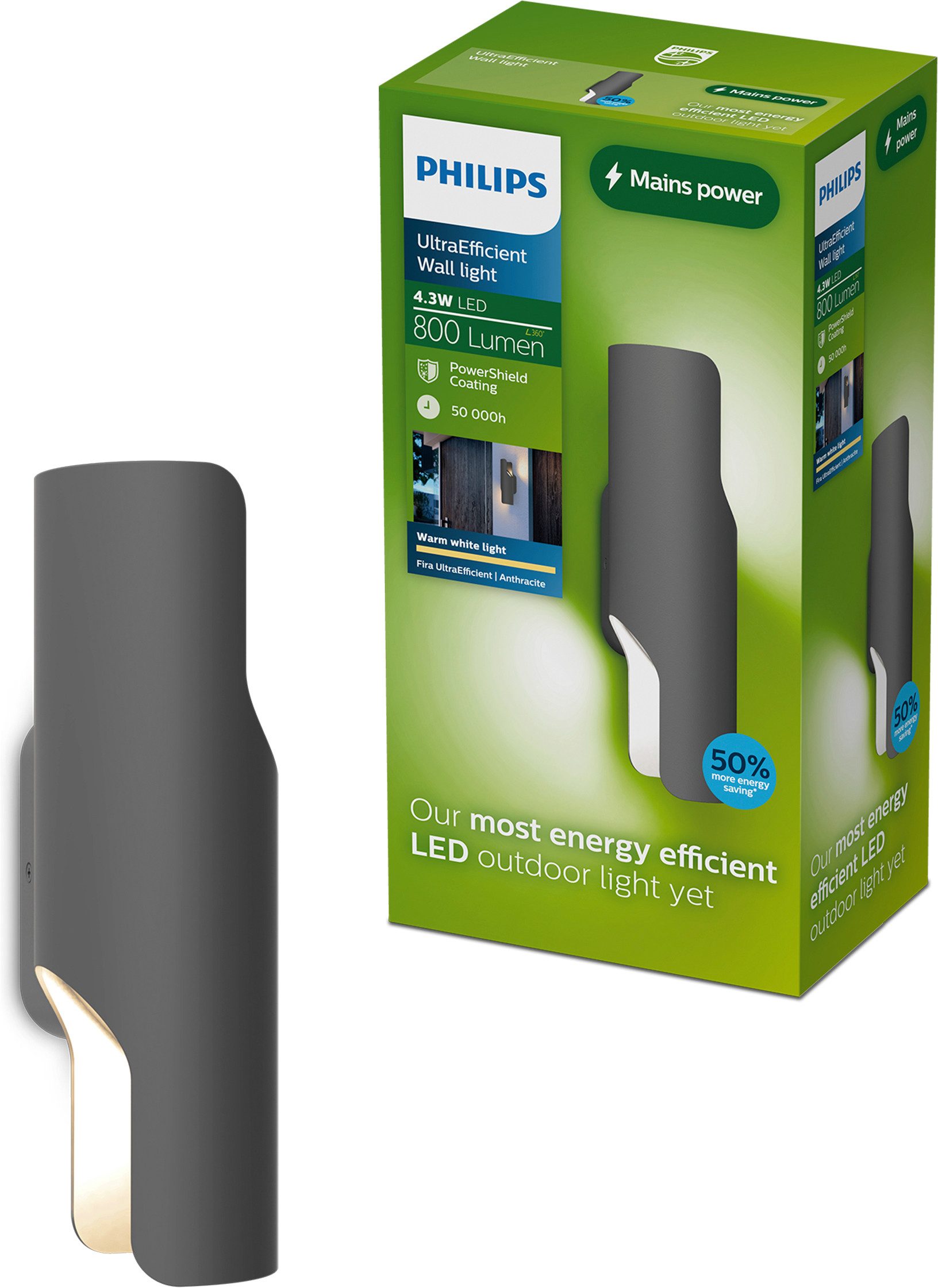 Philips LED Außen-Wandleuchte Outdoor Ultra-Efficient Fira, LED fest integriert, Warmweiß, 2700 Kelvin, 800 Lumen, IP44, anthrazit