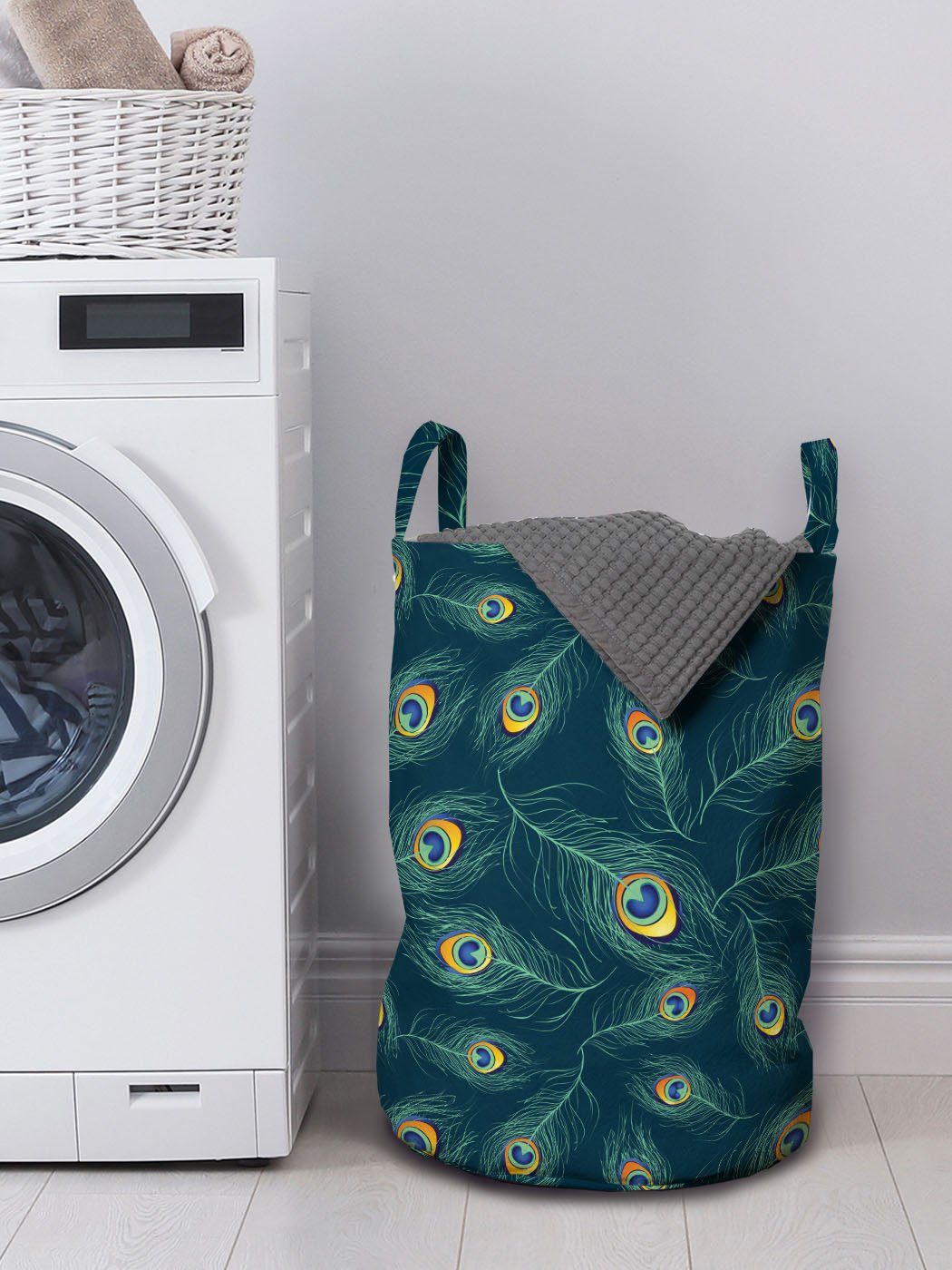Wäschekorb für Waschsalons, Griffen Abakuhaus Pfau-Entwurf Feder Exotische Kordelzugverschluss Wäschesäckchen mit