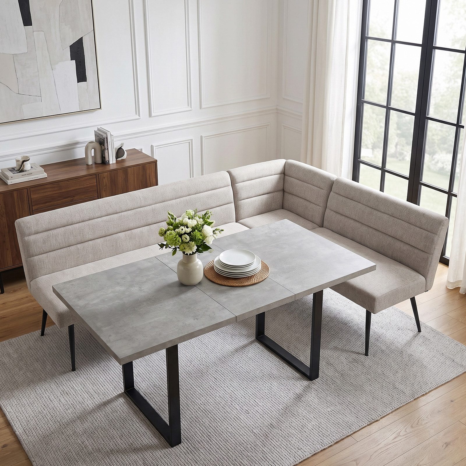 Jiexi Essgruppe Esszimmer-Set: Eckbank & Esstisch, Polyesterstoff, Metallbeine – Bild 2 von 5