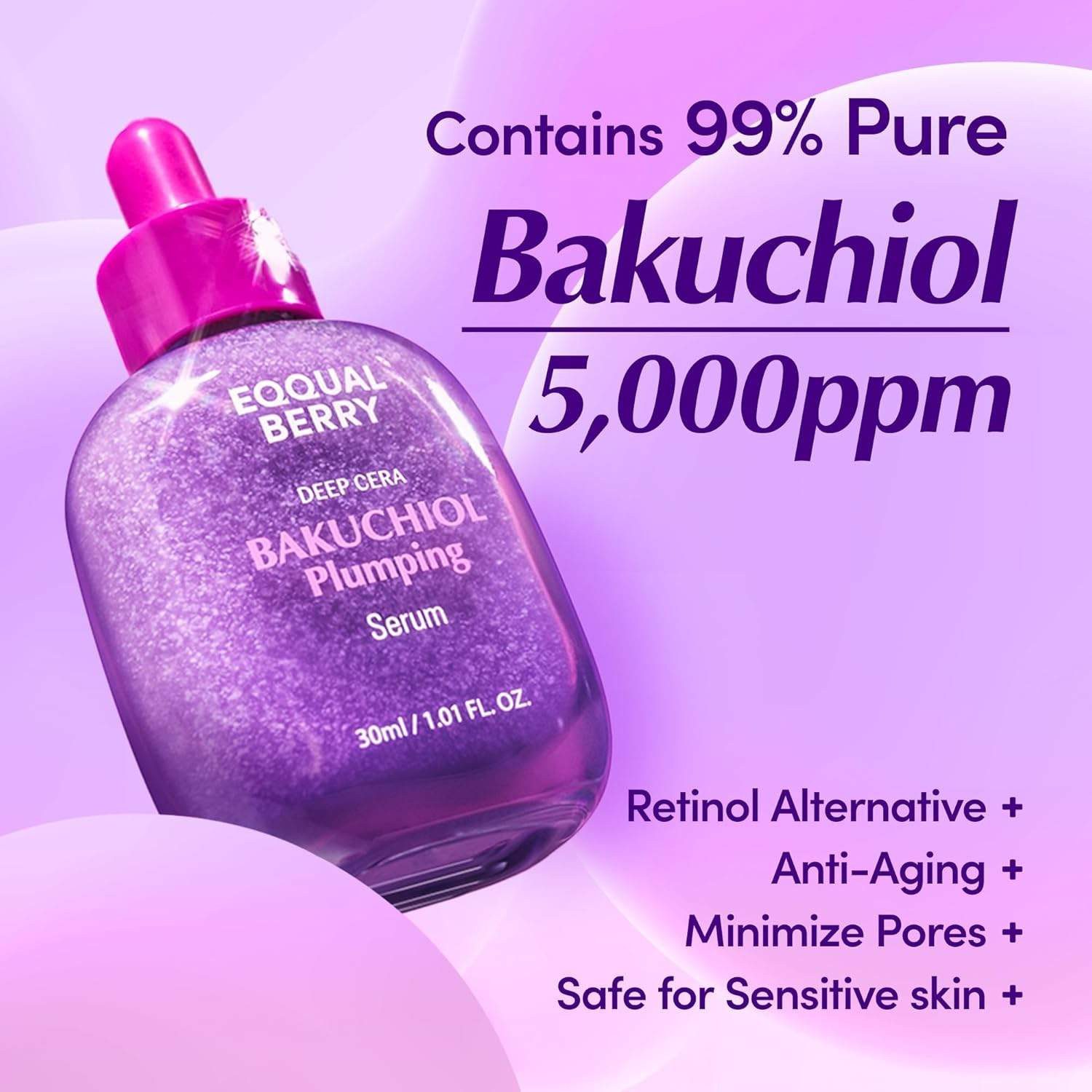 Eqqualberry Gesichtsserum Bakuchiol Plumping Serum 30 ml – Anti-Aging-Serum mit 5 000 ppm Bakuchiol als sanfte Alternative zu Retinol mit intensiver, Hyaluronsäure, Ceramiden & Peptiden für pralle, glatte Haut