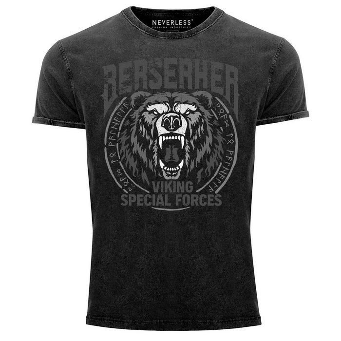 Neverless Print-Shirt Herren Vintage Shirt Berserker Bär Viking Runen nordische Mythologie Printshirt T-Shirt Aufdruck Slim Fit Neverless® mit Print