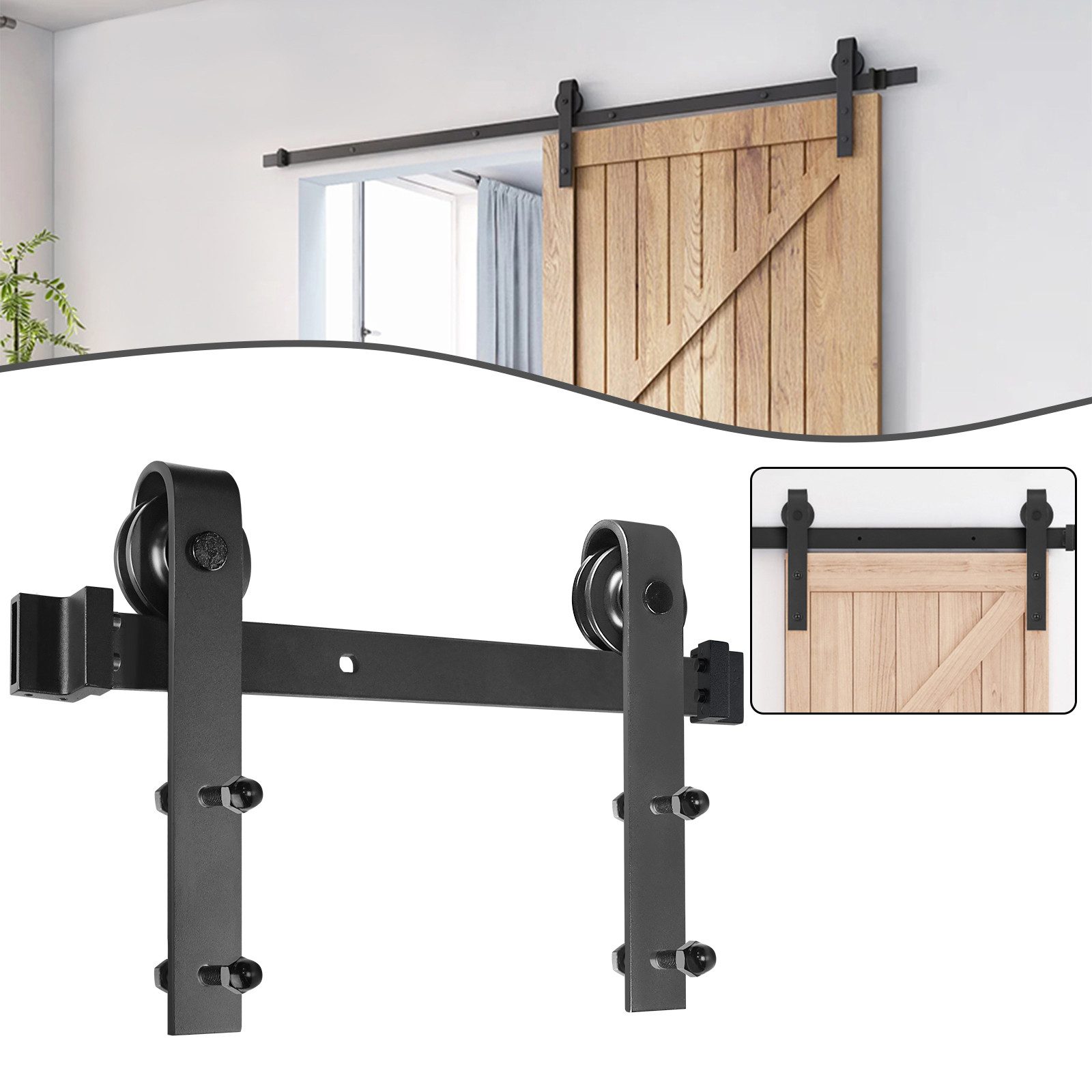 FIVMEN Schiebetür Schiebetürbeschlag Set Schiebetürsystem Beschlagset Schwarz, 183cm/200cm/366cm Laufschiene für Schiebetüren, Wandschränke