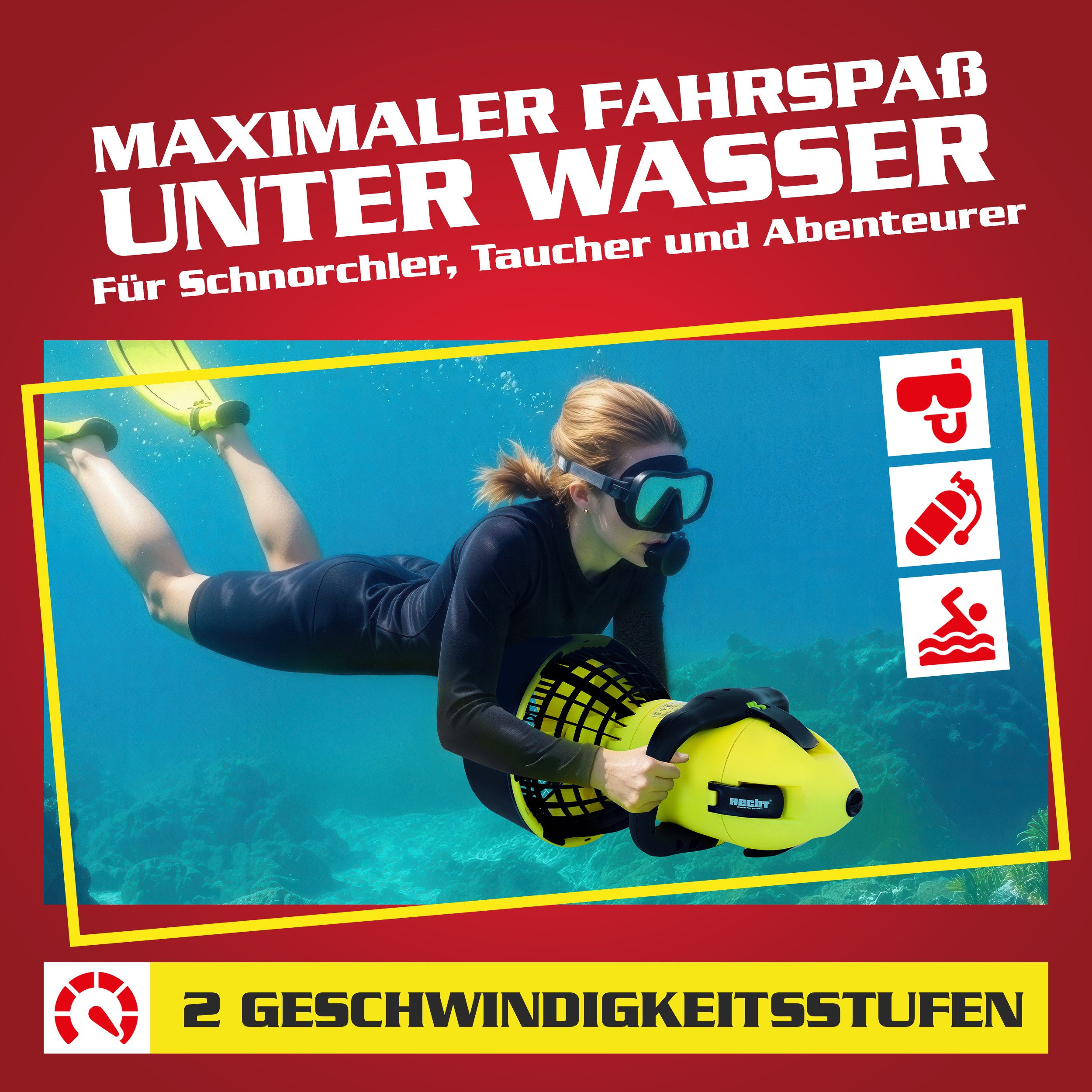 Hecht Schwimmhilfe Wasserscooter bis 5,2 km/h Unterwasser, 24 V Akku mit Ladegerät, 500 W, 10 m Tauchtiefe, 30 - 50 min Laufzeit