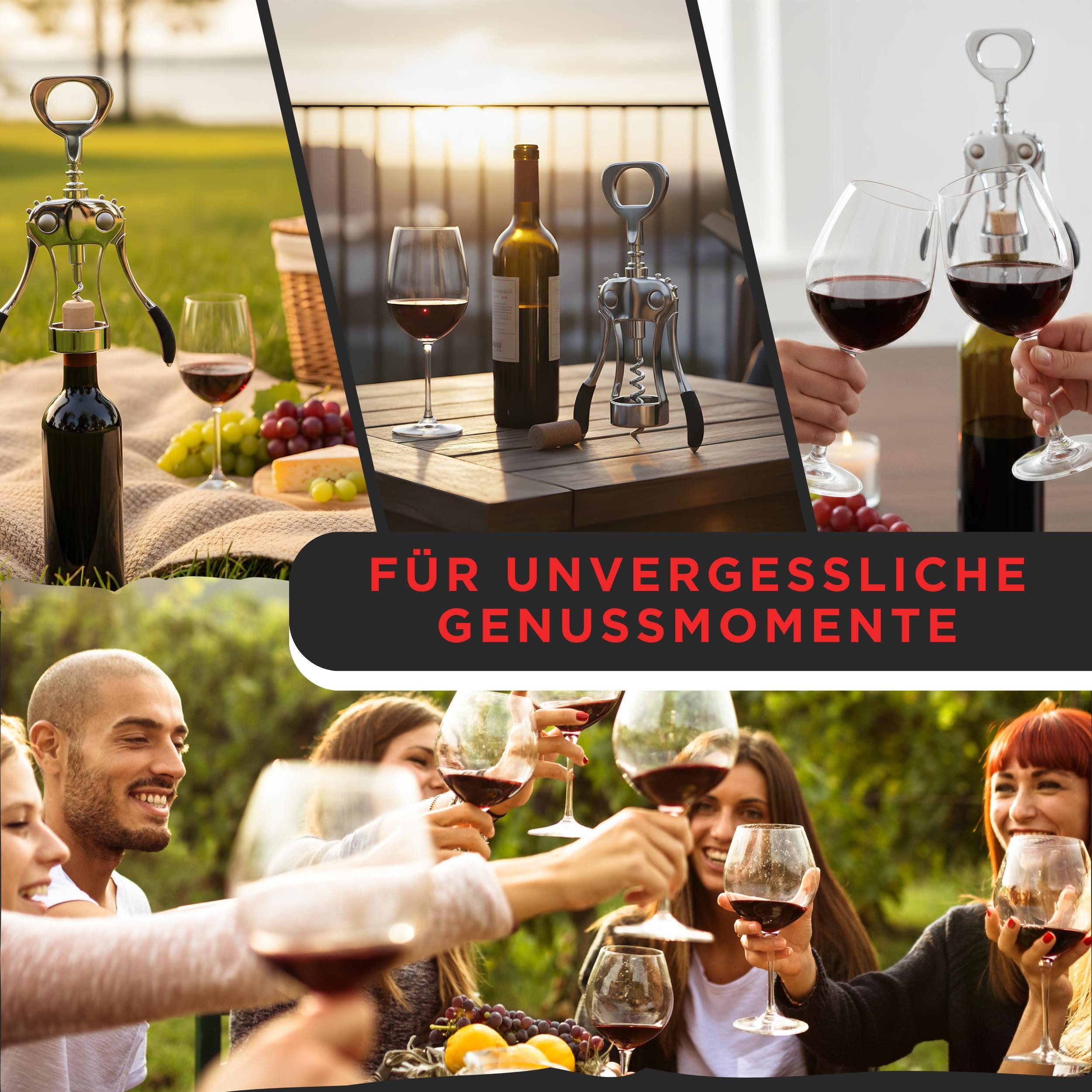 wortek Korkenzieher Weinflaschenöffner Flaschenöffner, (1er Set, 1 tlg., Hebelkorkenzieher mit Flaschenöffner), Geschenk für Wein- und Bierliebhaber – Bild 4 von 5