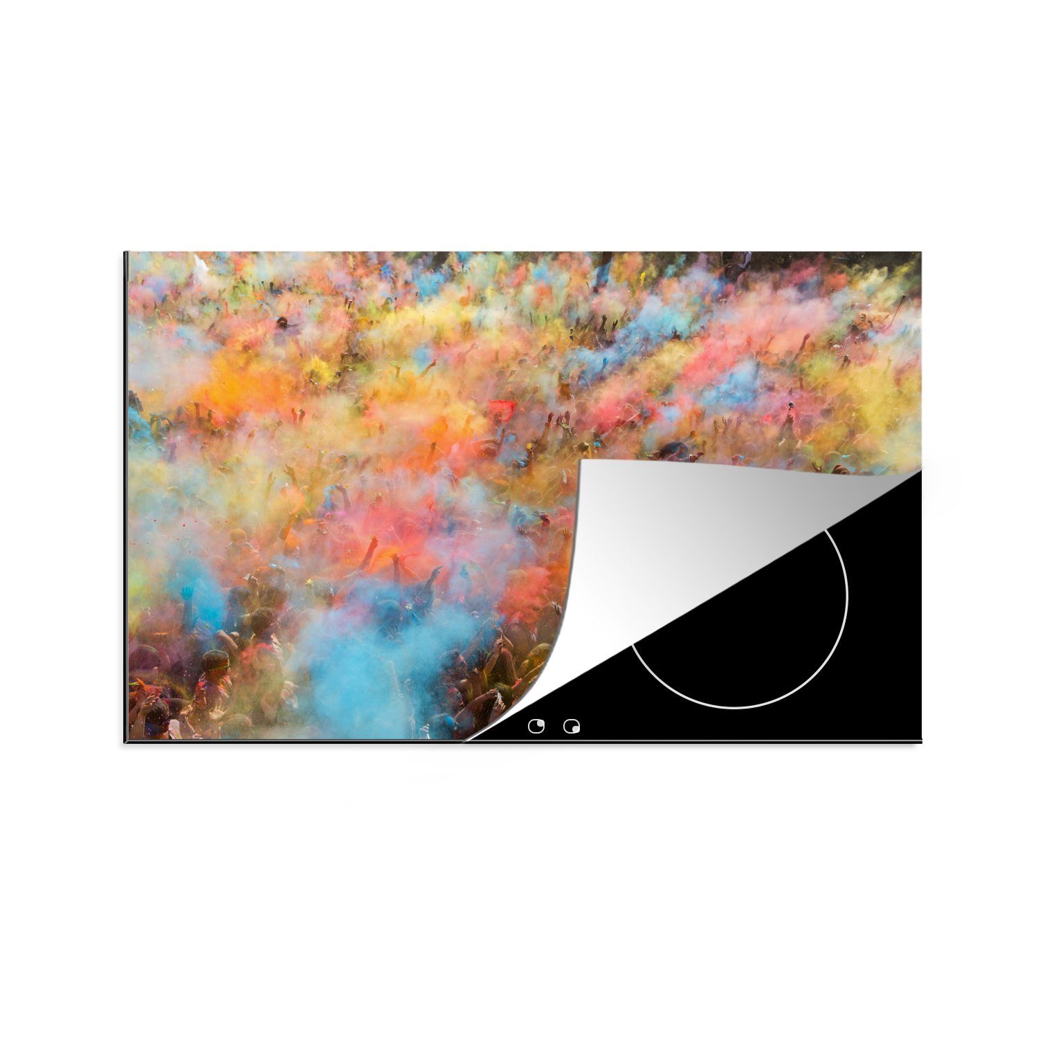 MuchoWow Herdblende-/Abdeckplatte Die farbigen Pulverwolken während des Holi-Festes, Vinyl, (1 tlg), 81x52 cm, Induktionskochfeld Schutz für die küche, Ceranfeldabdeckung