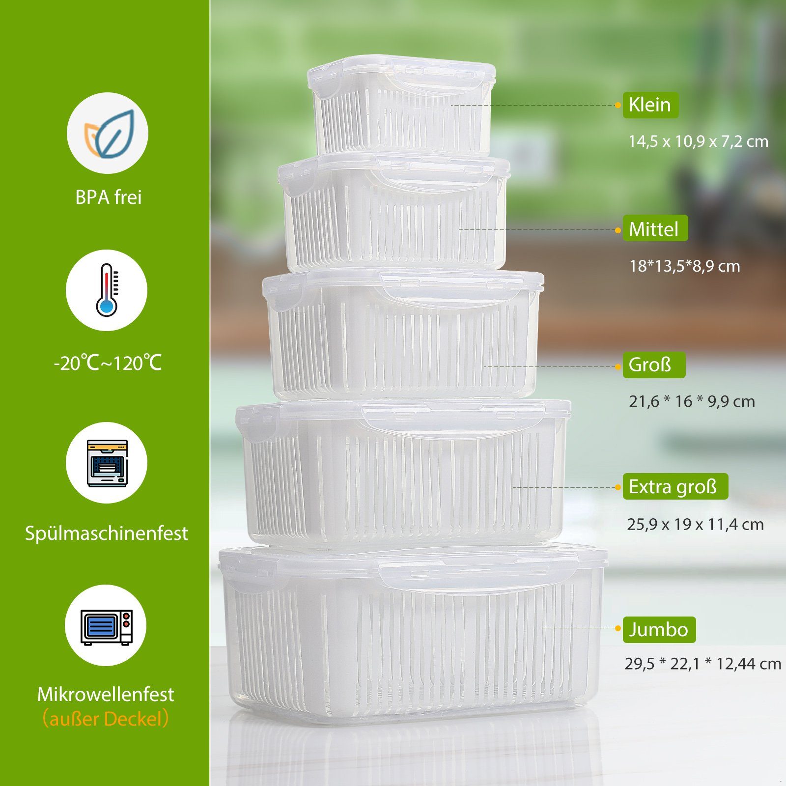 Luxear Frischhaltedose Frischhaltendosen Set BPA-freies Abtropfsieb, Kühlschrank, Kunststoff (5-tlg), im mit