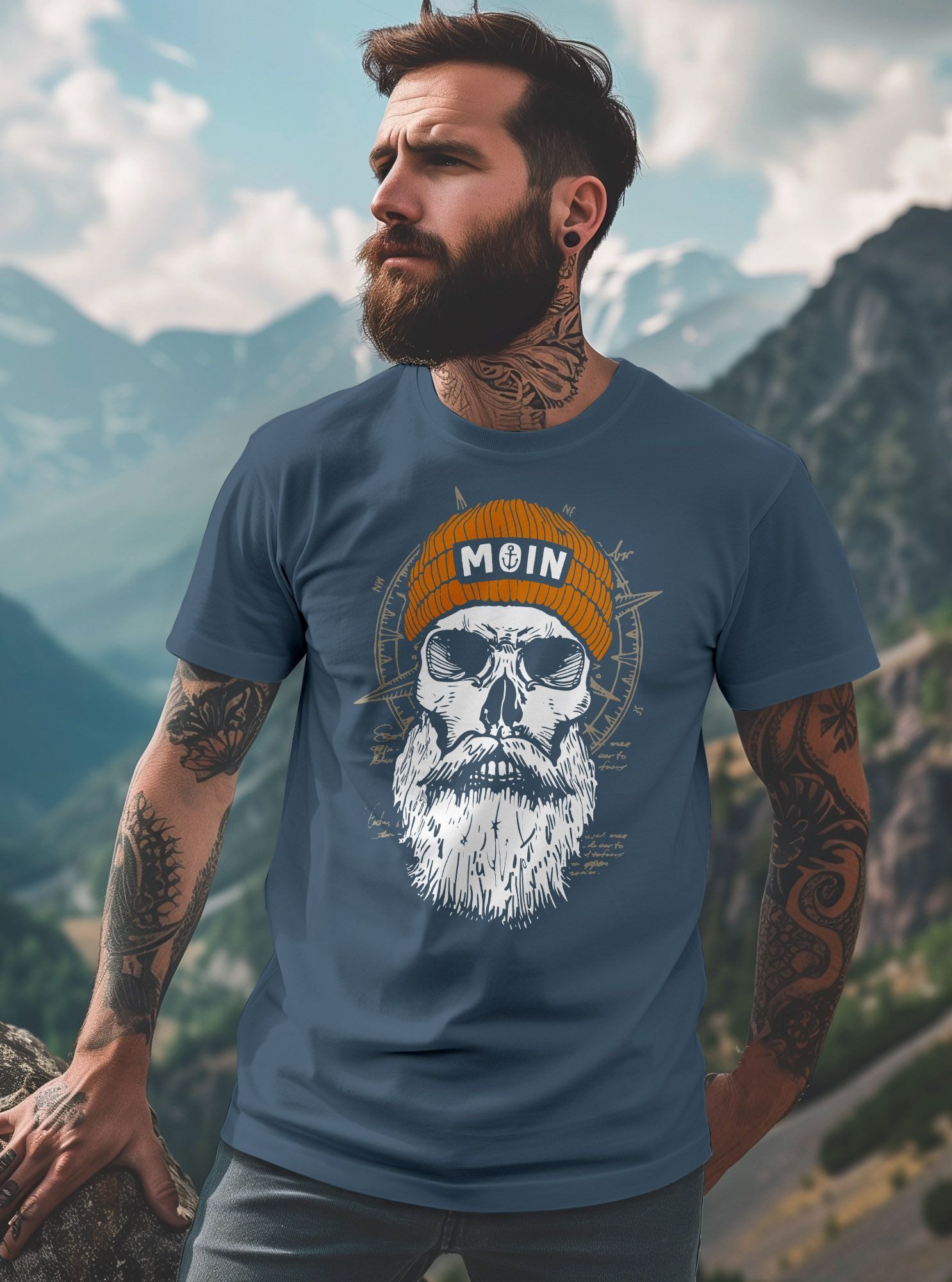Neverless Print-Shirt Herren T-Shirt Printshirt Moin Skull Windrose Kompass Totenkopf mit Print – Bild 3 von 5