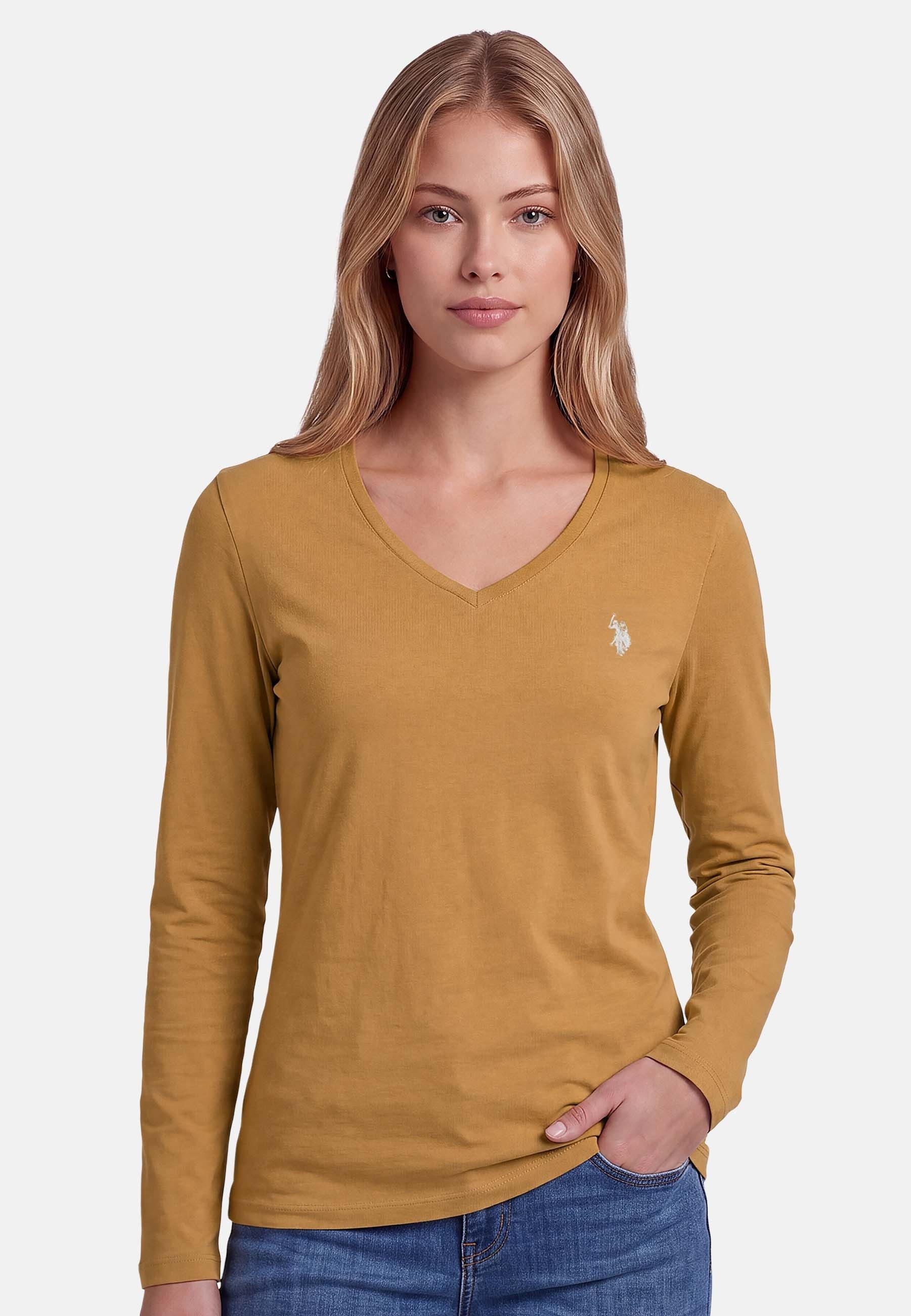U.S. Polo Assn. Langarmshirt mit V-Ausschnitt und Stickereidetails Elastisches Longsleeve mit gerippten Bündchen und normaler Passform