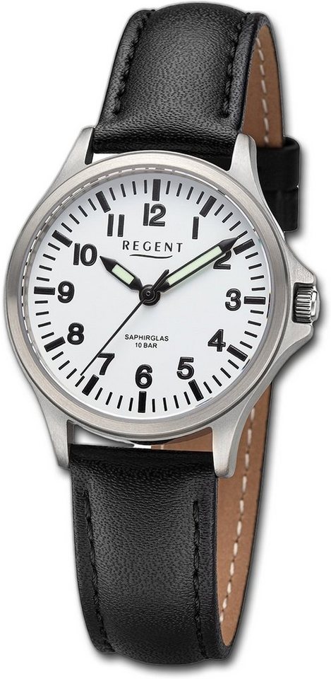 Regent Quarzuhr Regent Damen Armbanduhr Analog, Damenuhr Lederarmband  schwarz, rundes Gehäuse, extra groß (ca. 32mm)
