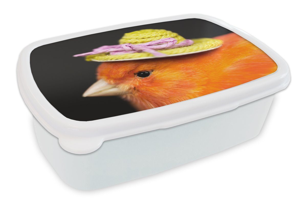MuchoWow Lunchbox Vogel - Hut - Orange, Kunststoff, (2-tlg), Brotbox für Kinder und Erwachsene, Brotdose, für Jungs und Mädchen weiß