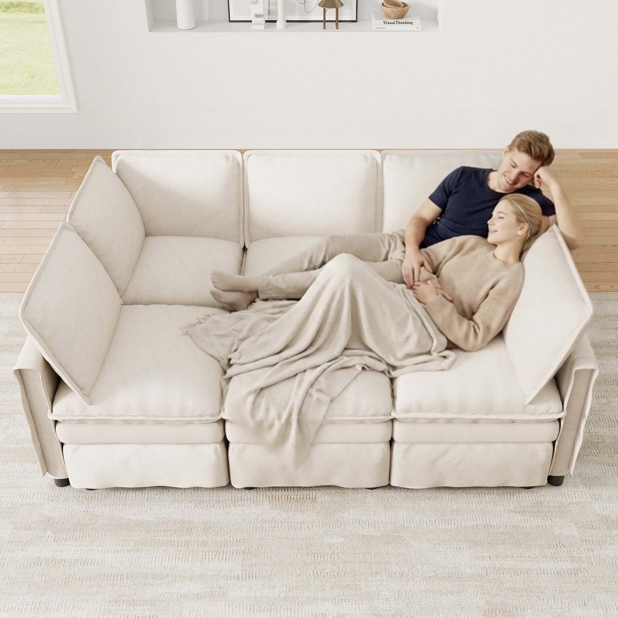 i@home Ecksofa Modulares Sofa mit Schlaffunktion, mit beweglichem Hocker, doppelter Sitzpolsterung, Chenille Sofa, beige