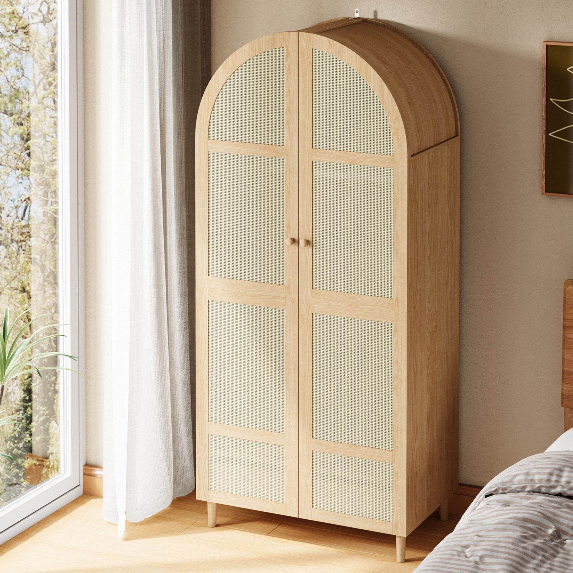 Merax Kleiderschrank mit gebogenen Türen, Rattan-Frontdesign und großem Stauraum (80 L x 50 B x 179 H cm, 1-St) Garderobenschrank Schrank mit Kleiderstange, Abl – Bild 4 von 5