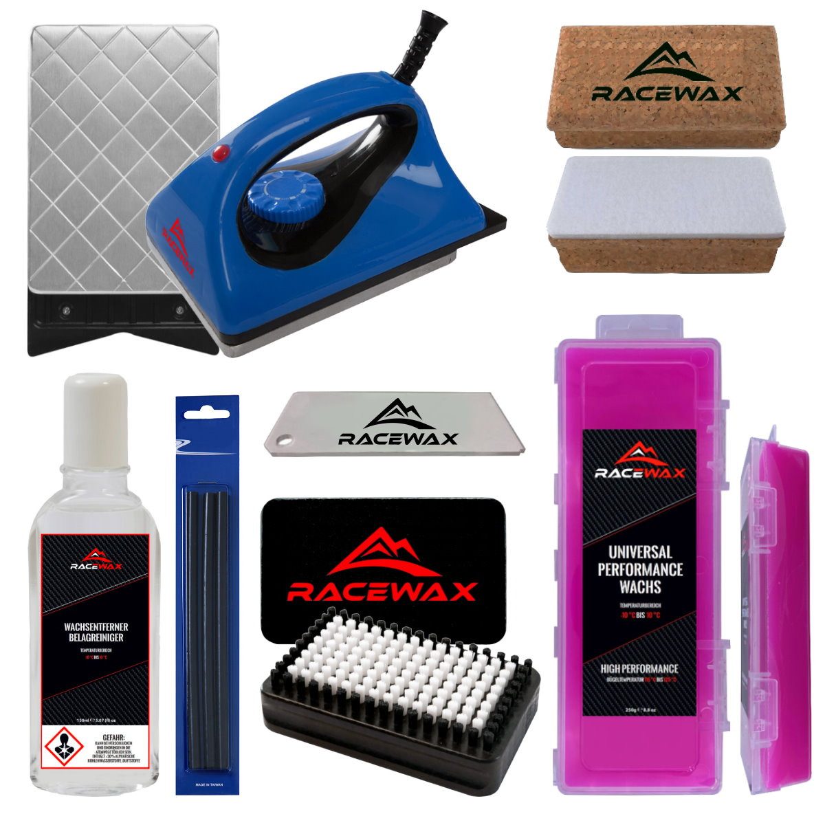 RaceWax Ski RaceWax Skiwax Set 7-teilig Bügeleisen Wachs BaseBrush Wachsentferner