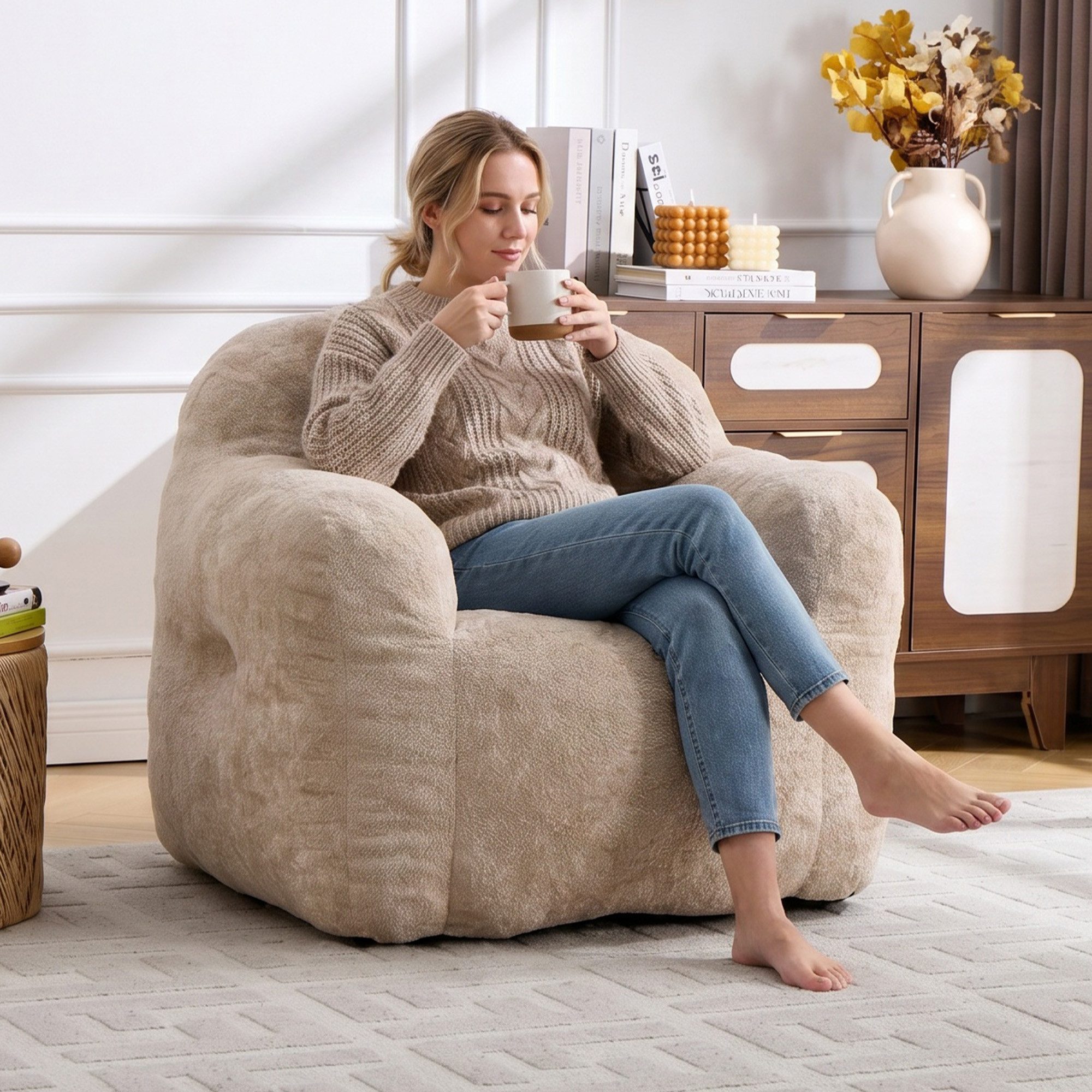 Vankel Relaxliege Sofas Wohnzimmer Loungesessel aus Chenille-Kunstfell weich, Bean Bag Sessel mit Schaumstoffflocken und ohne Montage