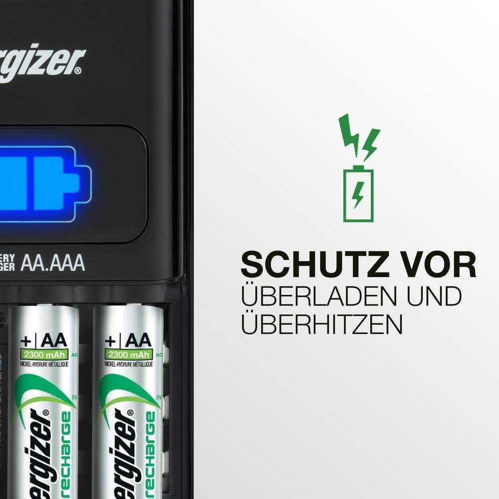 Energizer Ladegerät 1 h + 4 Mignon-Akkus E300697700 Rundzellen-Lader (Akku-Defekt Erkennung, Einzelschachtüberwachung)