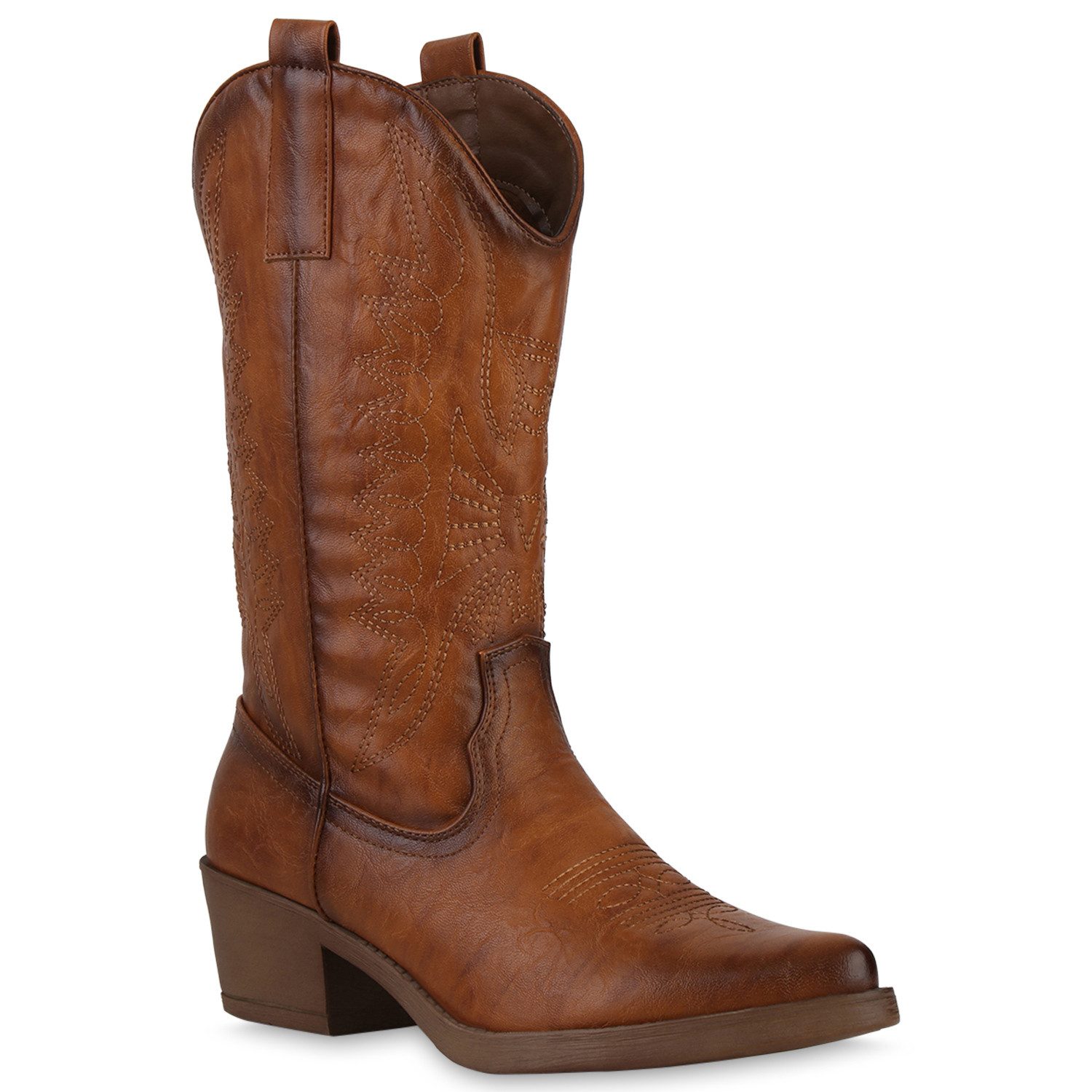 VAN HILL 840208 Cowboystiefel Damen Cowboystiefel Stiefel Stickereien Holzoptikabsatz