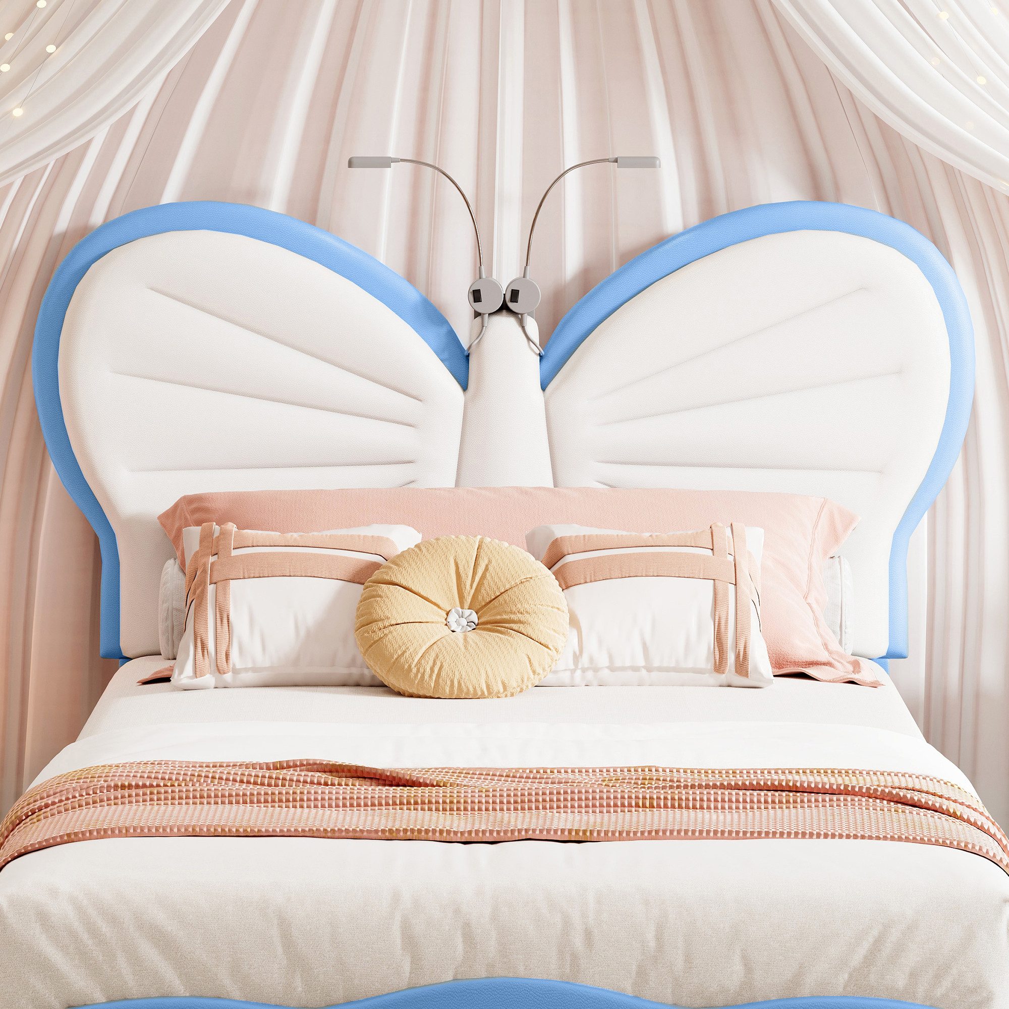 PXloue Polsterbett Kinderbett Jugendbett (Kopfteil hochstellbar), Schmetterlingsförmiges Kopfteil,mit LED und Lattenrost,90x200cm – Bild 5 von 5