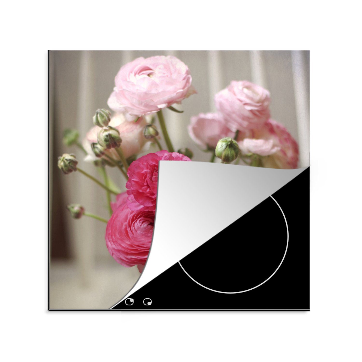 MuchoWow Herdblende-/Abdeckplatte Rosa Butterblumen auf einem unscharfen Hintergrund, Vinyl, (1 tlg), 78x78 cm, Ceranfeldabdeckung, Arbeitsplatte für küche