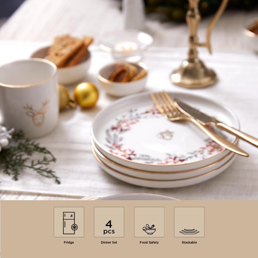 Kütahya Porselen Teller-Set Kütahya Porselen 4er Dessertteller Set 19 cm – Weiß mit Goldrand, Porzellan