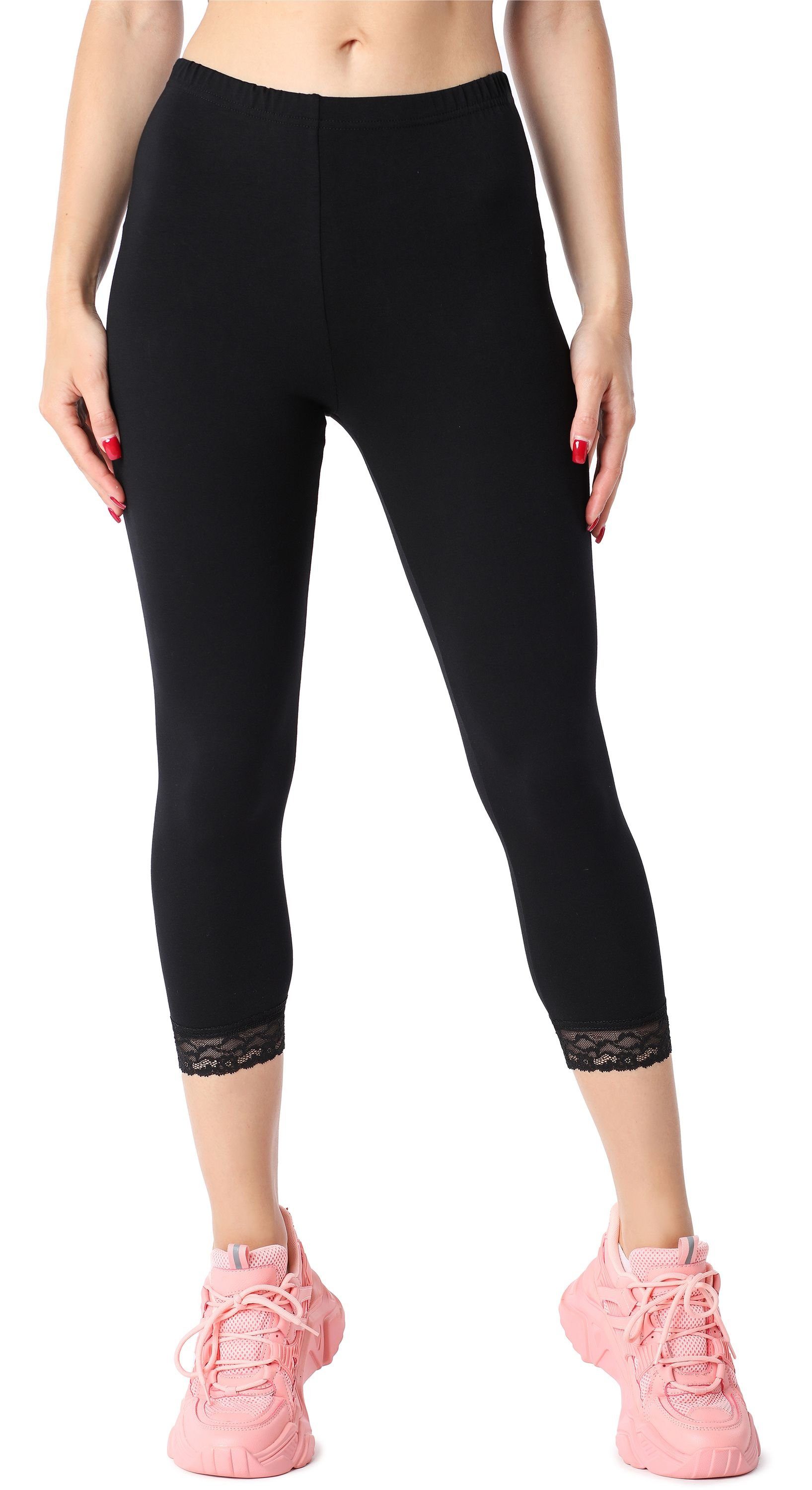 Bellivalini Leggings Damen 3/4 Capri Leggings aus Baumwolle mit Spitze für Tunika BLV50-224 (1-tlg) elastischer Bund Schwarz