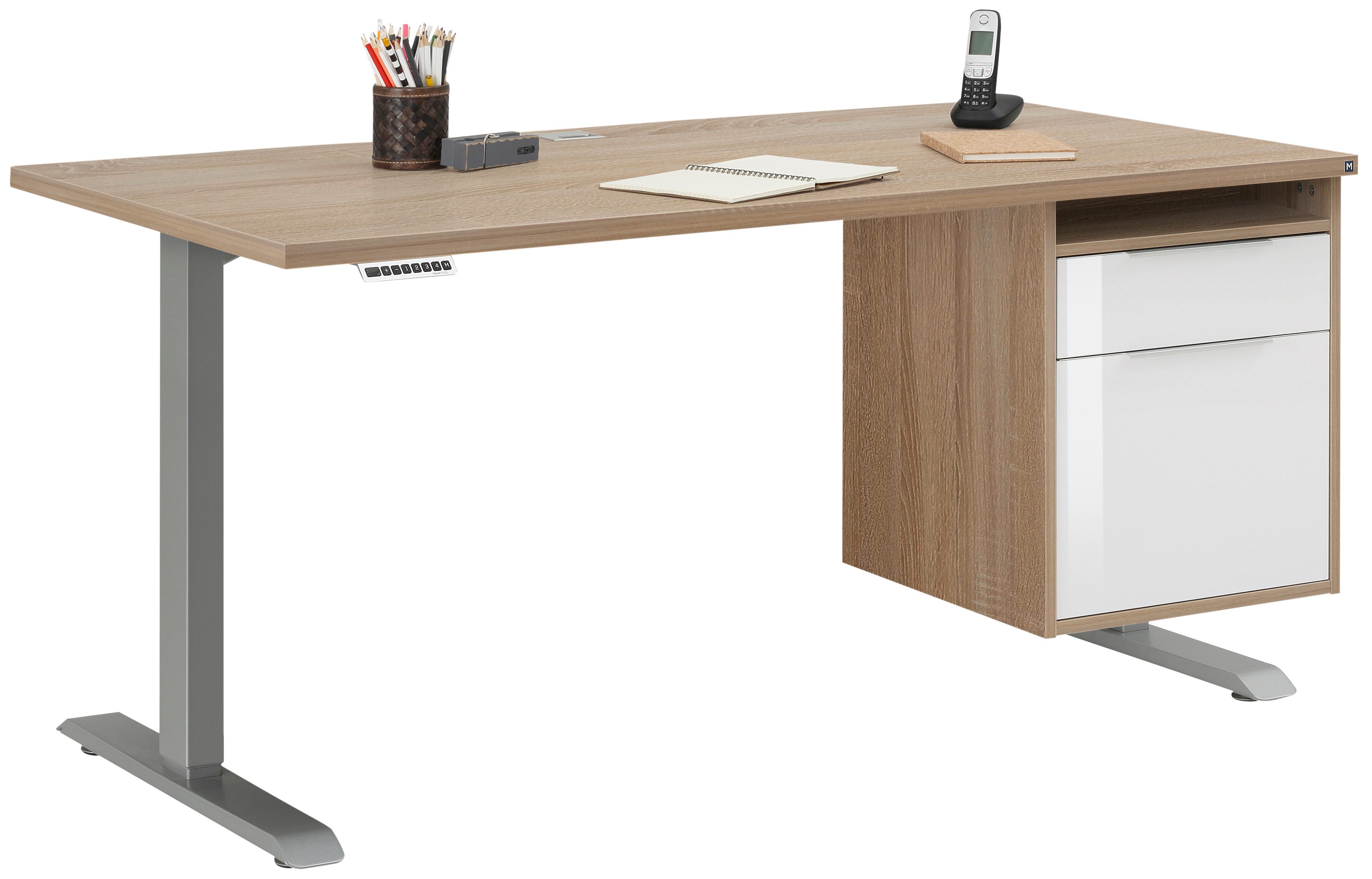Maja Möbel Schreibtisch Schreibtisch mit Hängecontainer Platingrau, Eiche Sonoma und Weiß (Spar-Set, 1-St., 1 Tisch mit Hängecontainer), Elektrisch höhenverstellbar, mitfahrender Hängecontainer