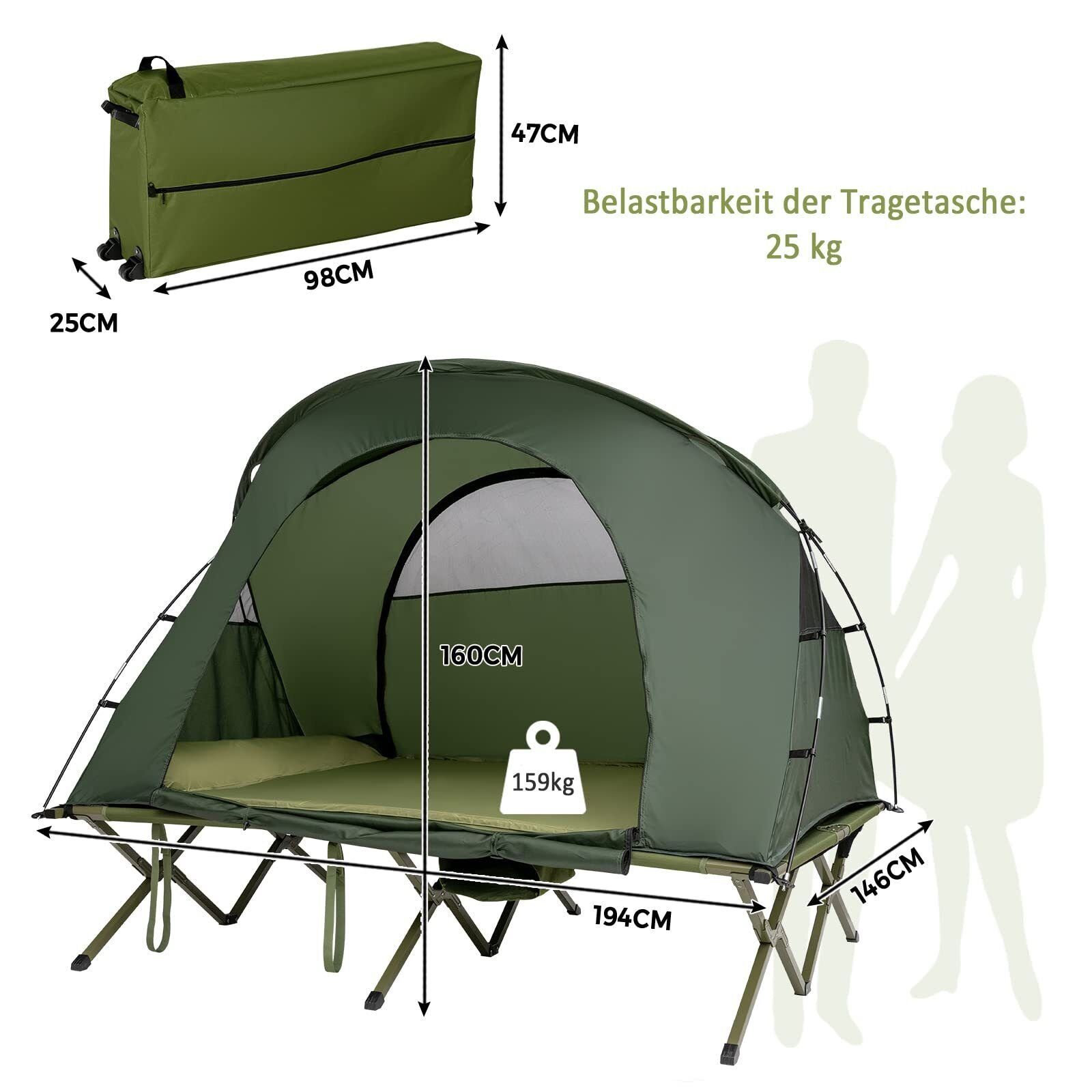 grün Campingzelt, Personen: mit 2, Kuppelzelt COSTWAY Tasche