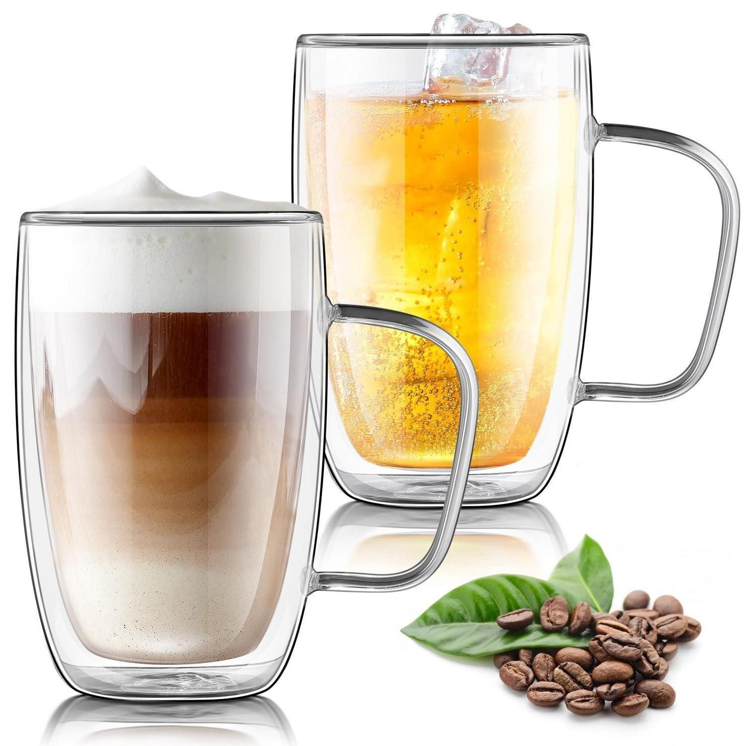LuxusKollektion Latte-Macchiato-Glas Doppelwandige Kaffeegläser 2er Set 500ml mit Griff, Glas