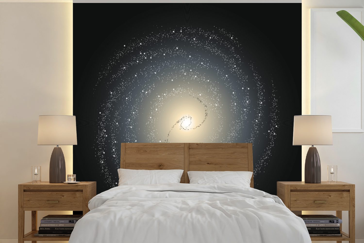 Fototapete oder (5 Wandtapete MuchoWow Tapete der Matt, Illustration Schlafzimmer, bedruckt, schwarz-gelbe Milchstraße, Eine Vinyl St), für Wohnzimmer