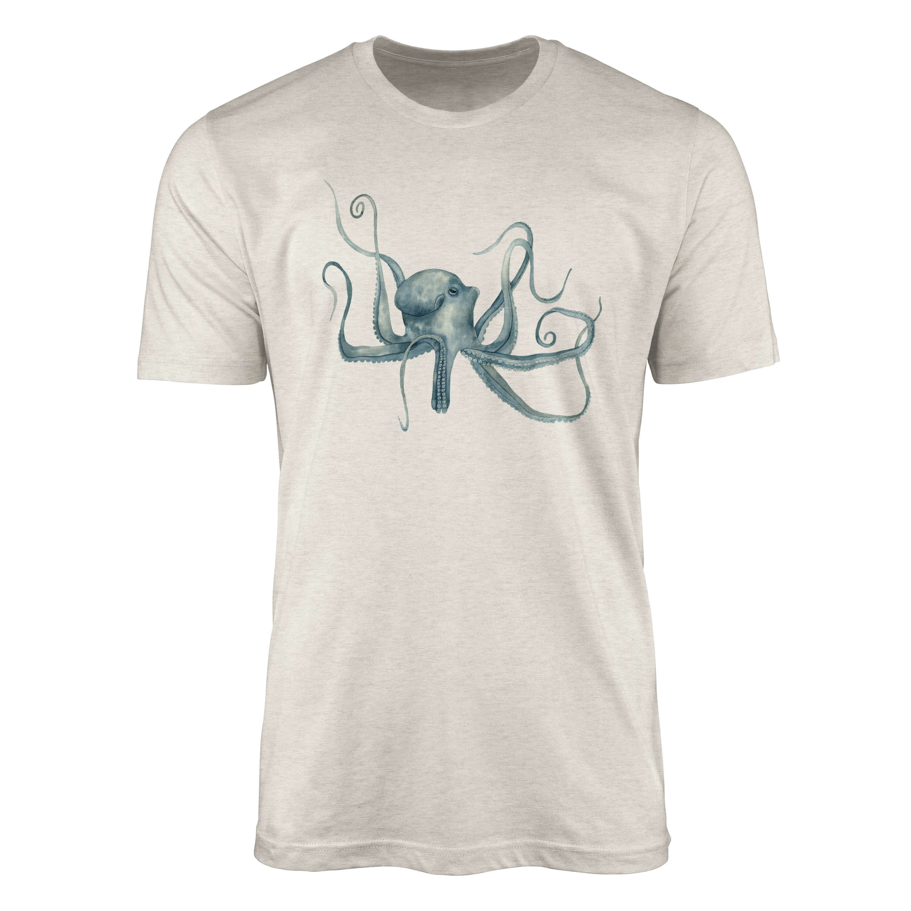 Sinus Art T-Shirt Herren Shirt 100% gekämmte Bio-Baumwolle T-Shirt Oktopus Wasserfarben Motiv Nachhaltig Ökomode aus (1-tlg)
