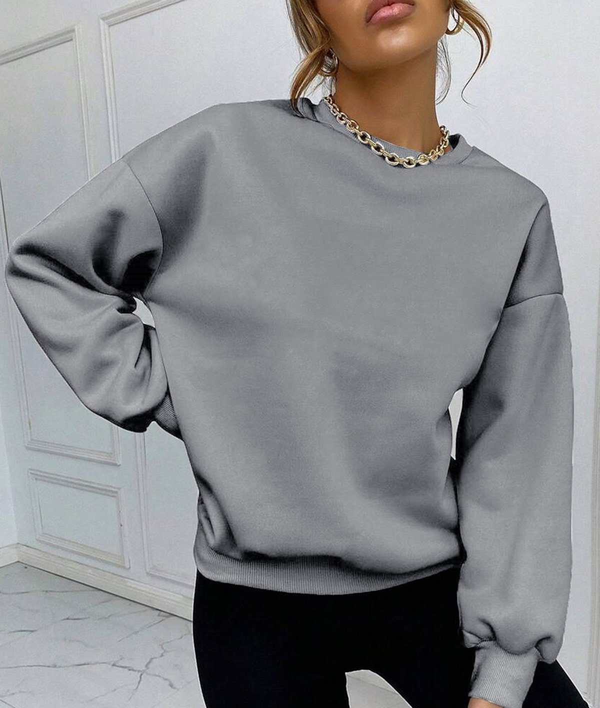 Rundhalspullover Damen Pulli Pullover Hoodie Oversize Loose Fit Basic Einfarbig
